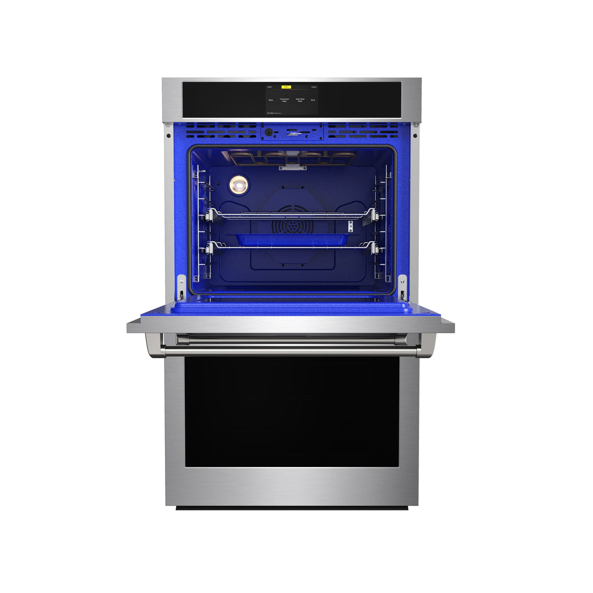Stainless double wall oven with open door and visible interior racks