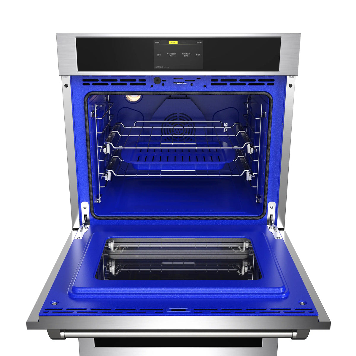 Stainless steel double wall oven with both cavities open, blue-lit racks and heating elements