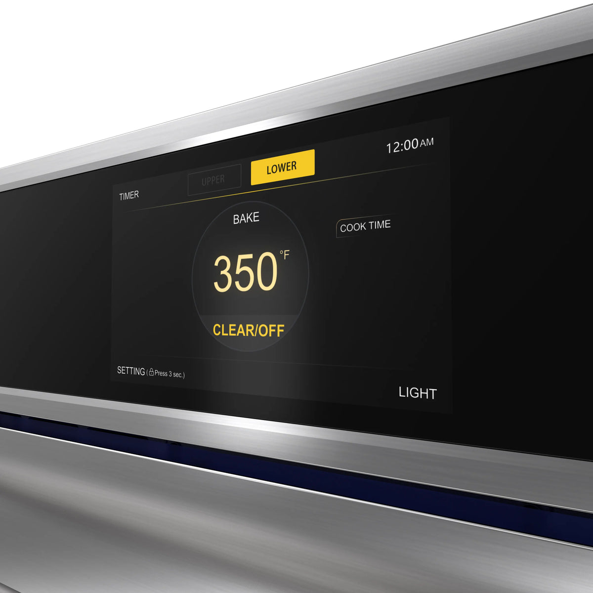 Black control panel display with temperature setting 350°F, Bake mode and Clear/Off