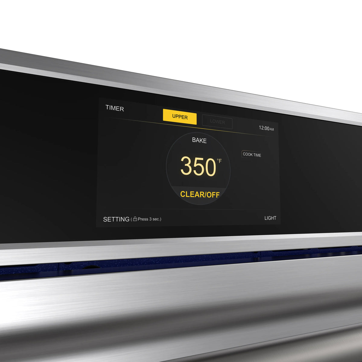 Stainless steel oven control panel with 350°F setting, Timer, Bake, and Light controls