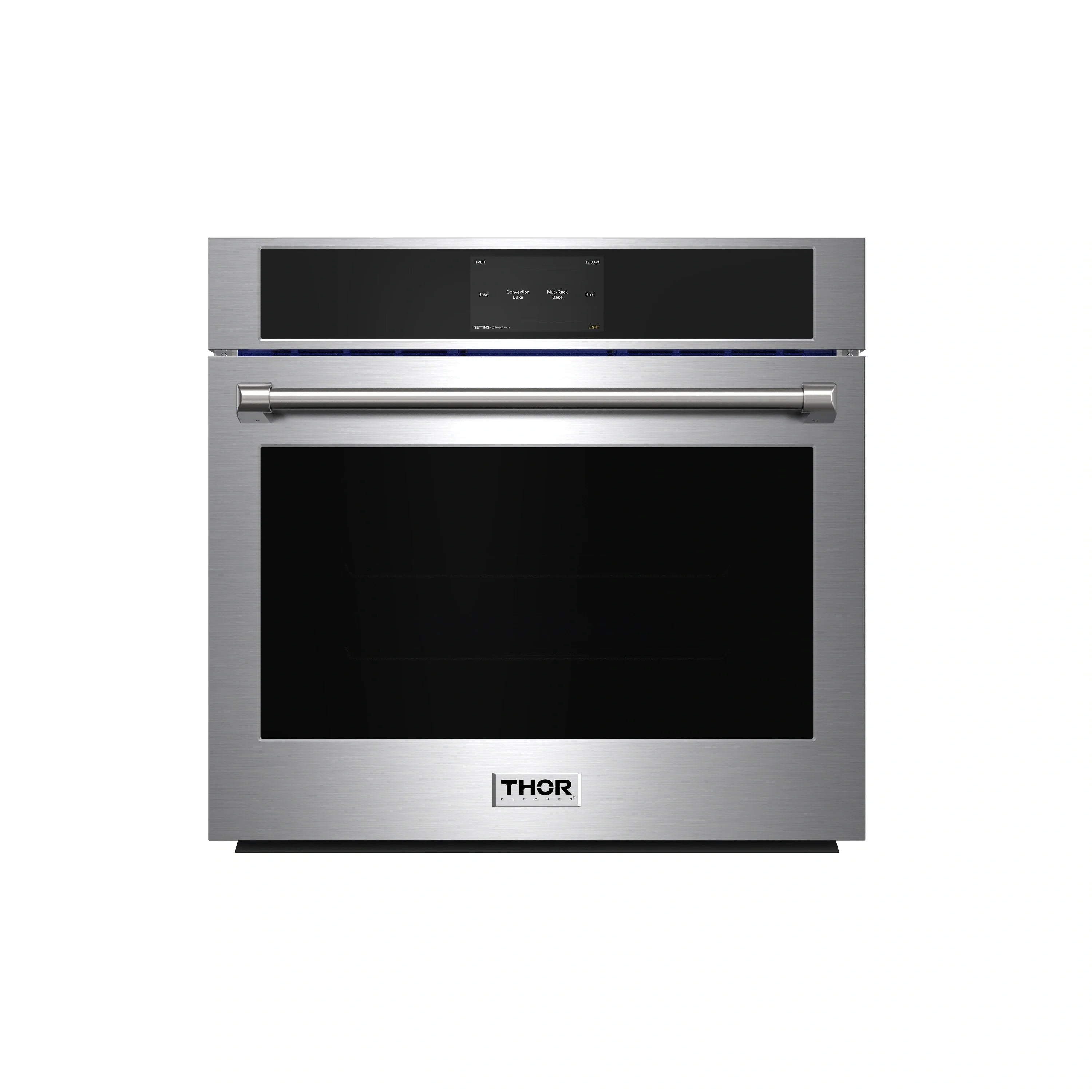Stainless steel wall oven with black glass door and pull handle