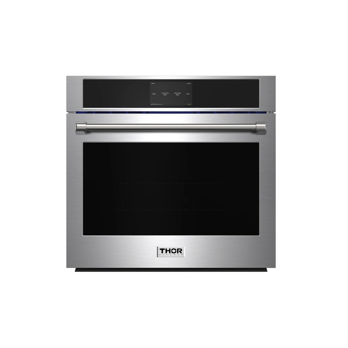 Stainless steel electric wall oven with black glass door and THOR logo