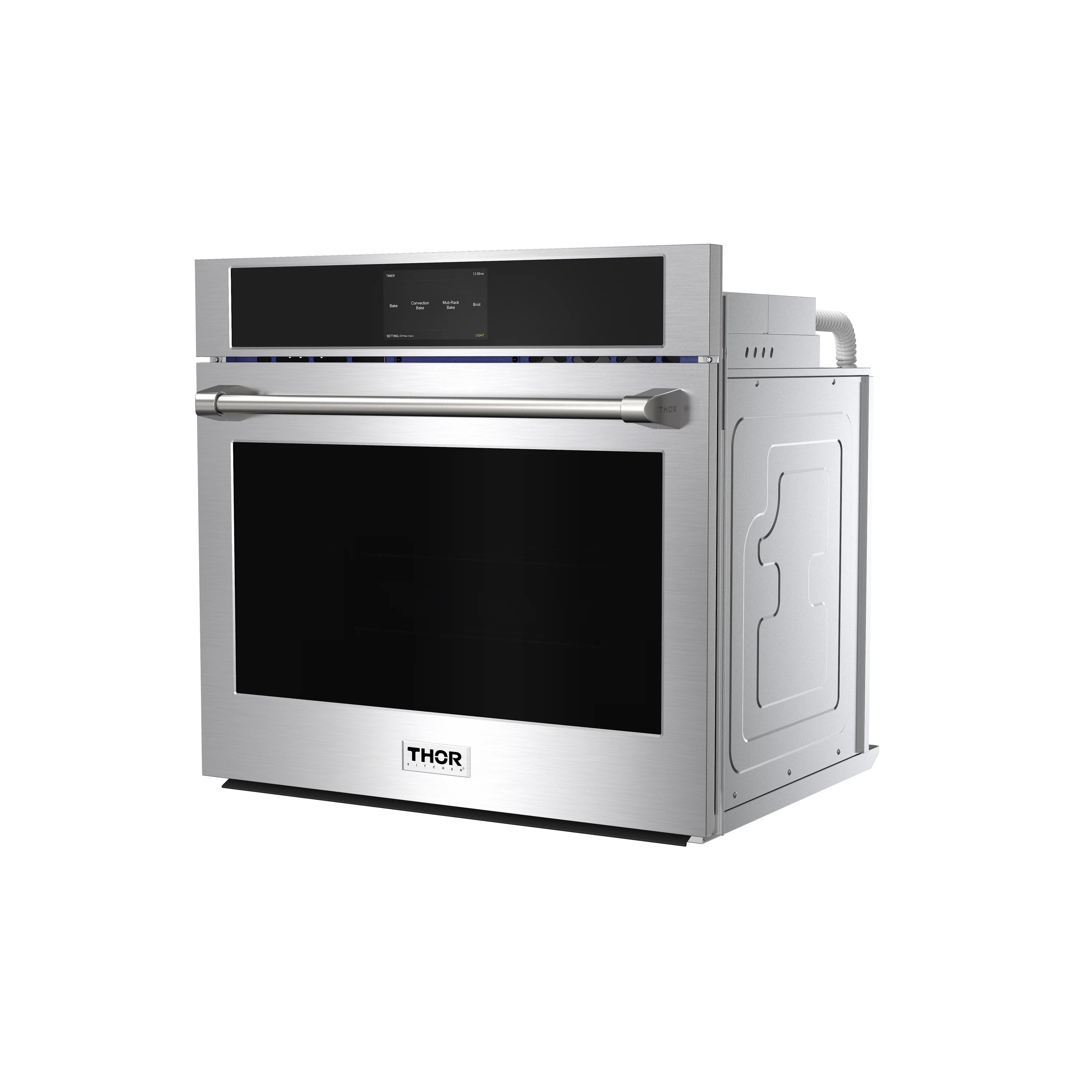 Stainless steel oven with side panel open and black glass door