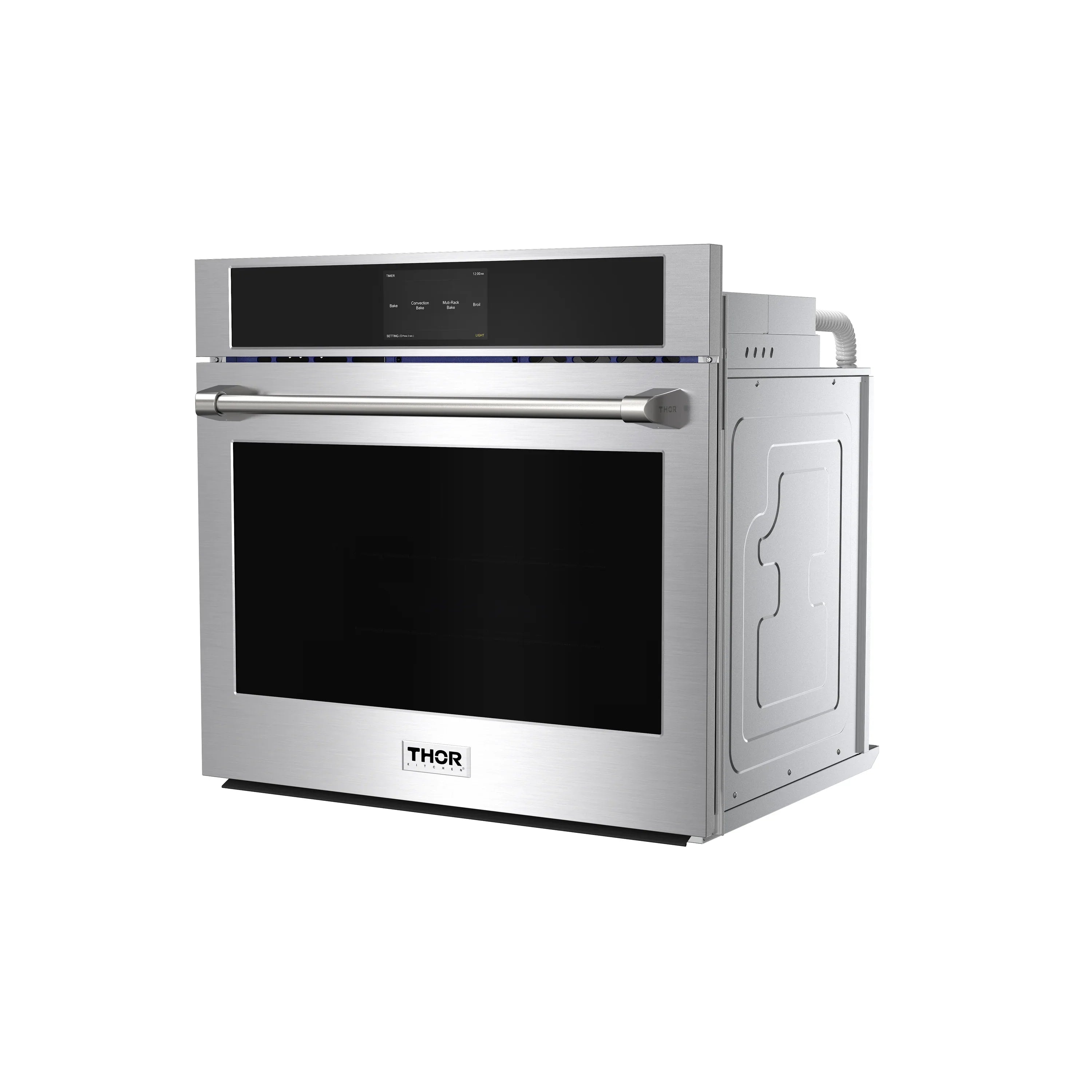 Stainless steel electric wall oven with open door, black window, THOR logo