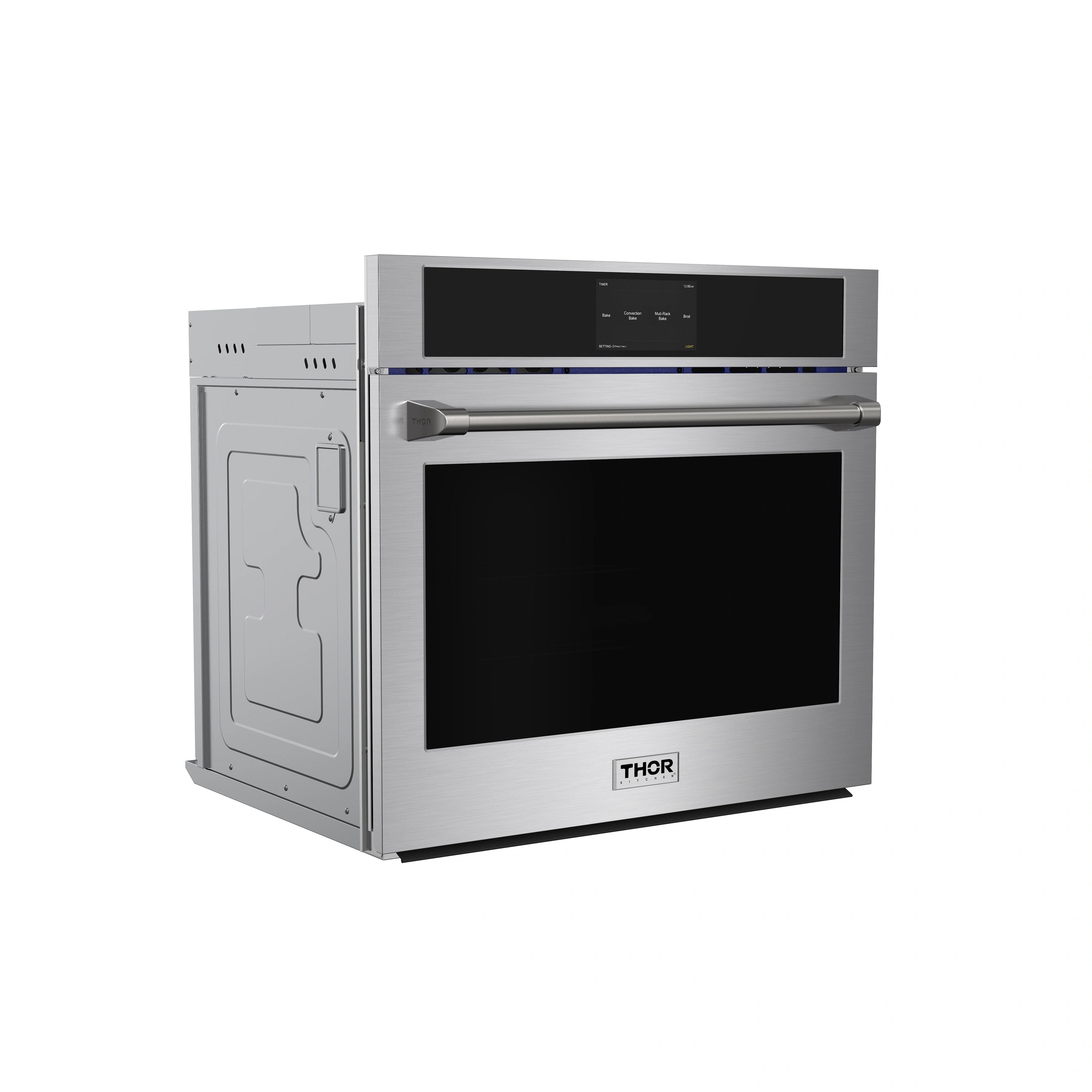 Stainless wall oven with open side panel and THOR logo on the lower door