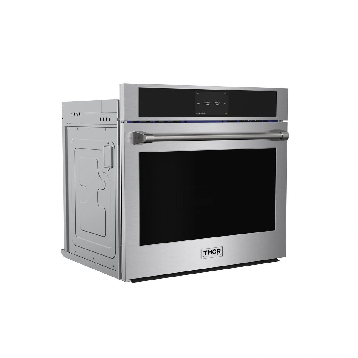 Stainless steel wall oven with side-open door and black viewing window