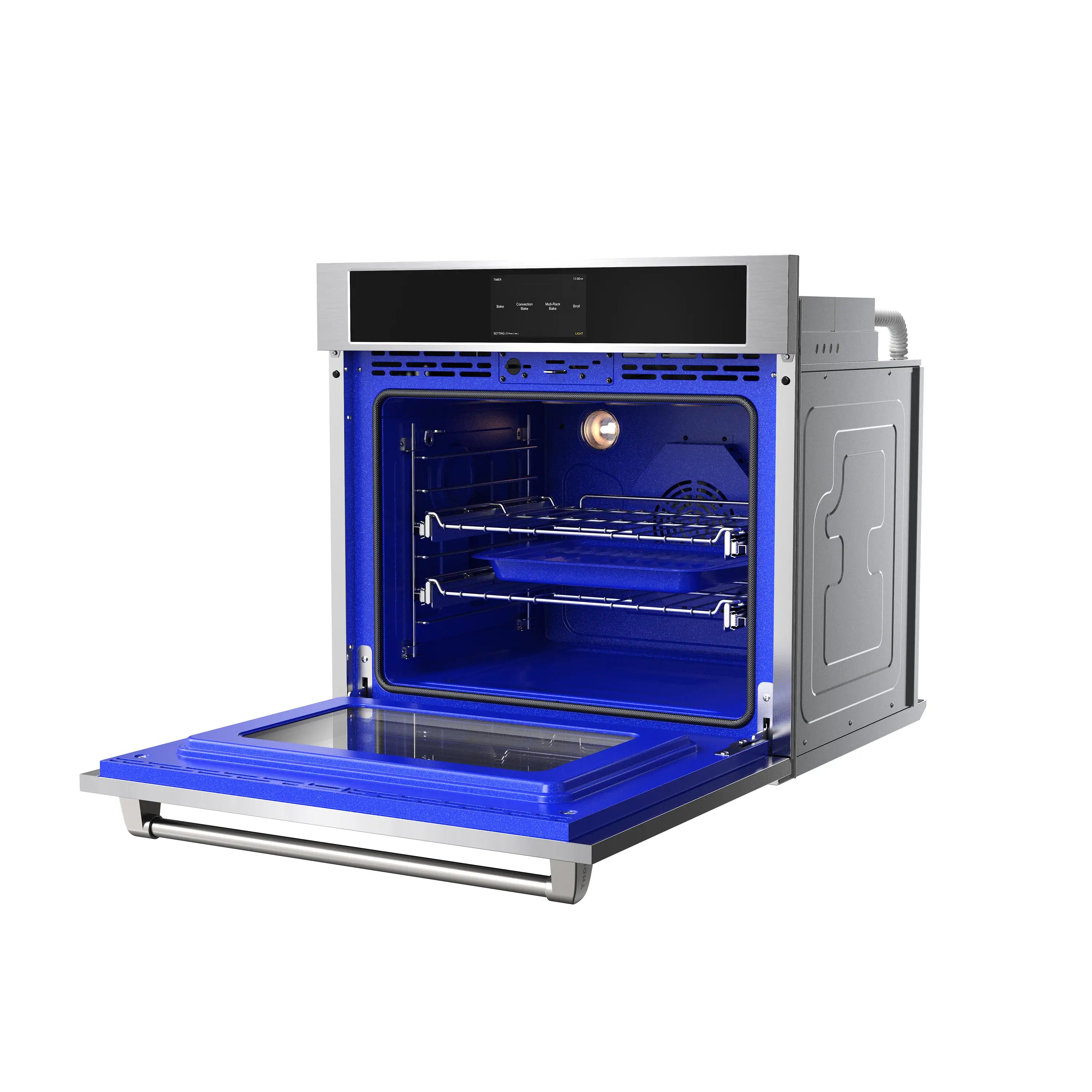 Stainless steel wall oven with blue interior light and open door