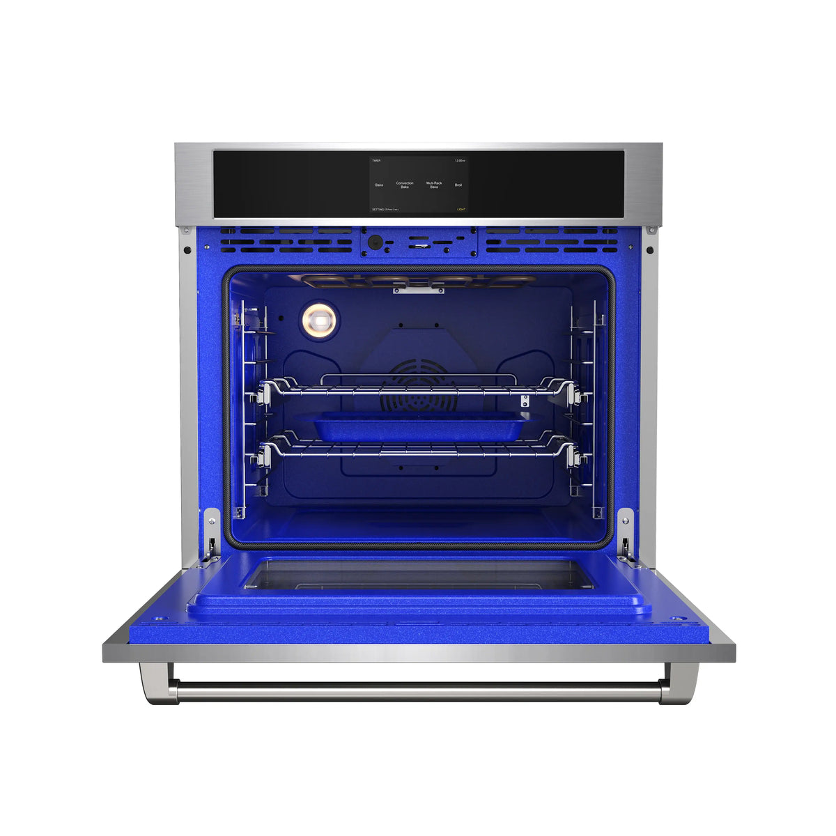 Stainless steel single wall oven with door open, racks, and blue interior visible