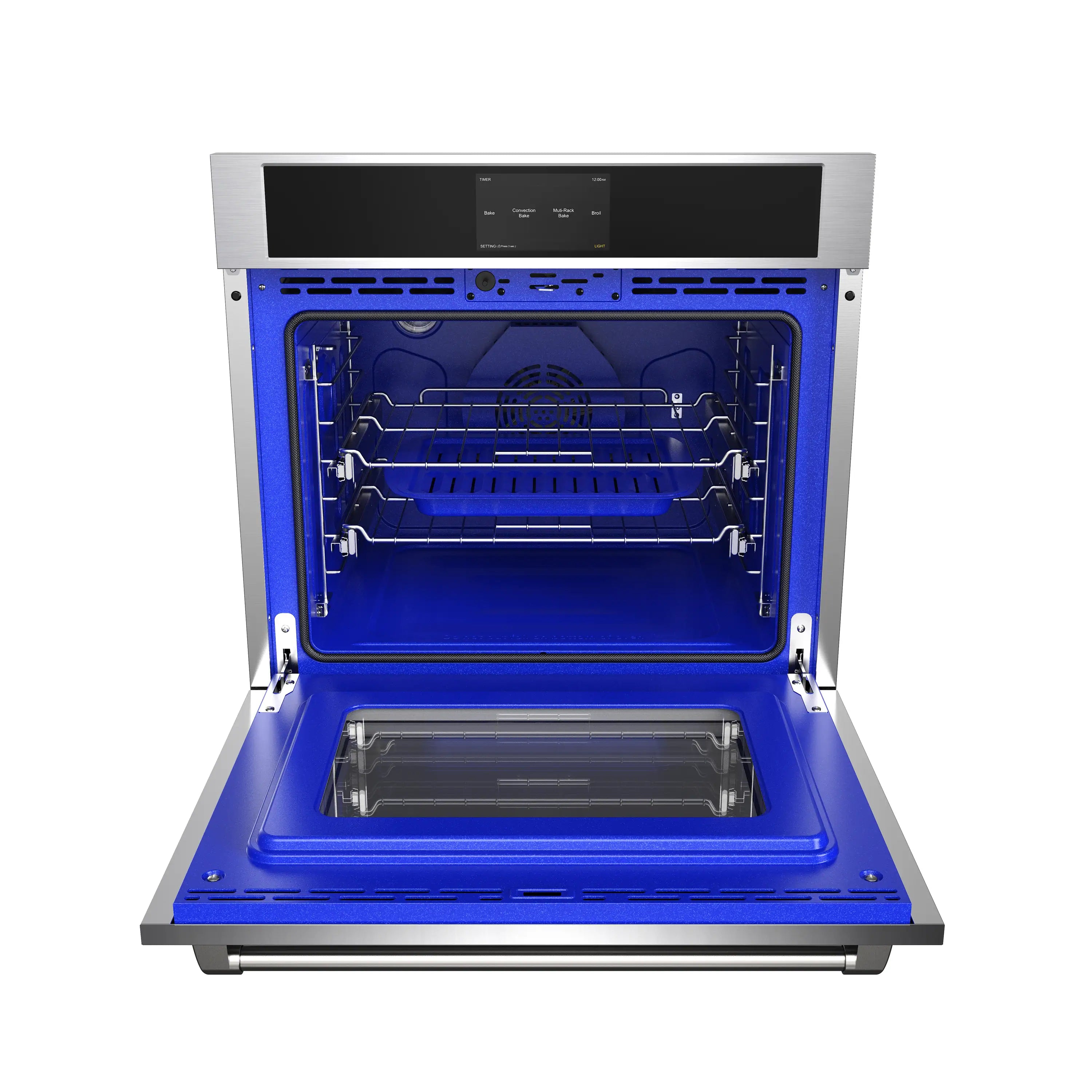 Wall oven with open door showing blue interior cavity and wire rack supports