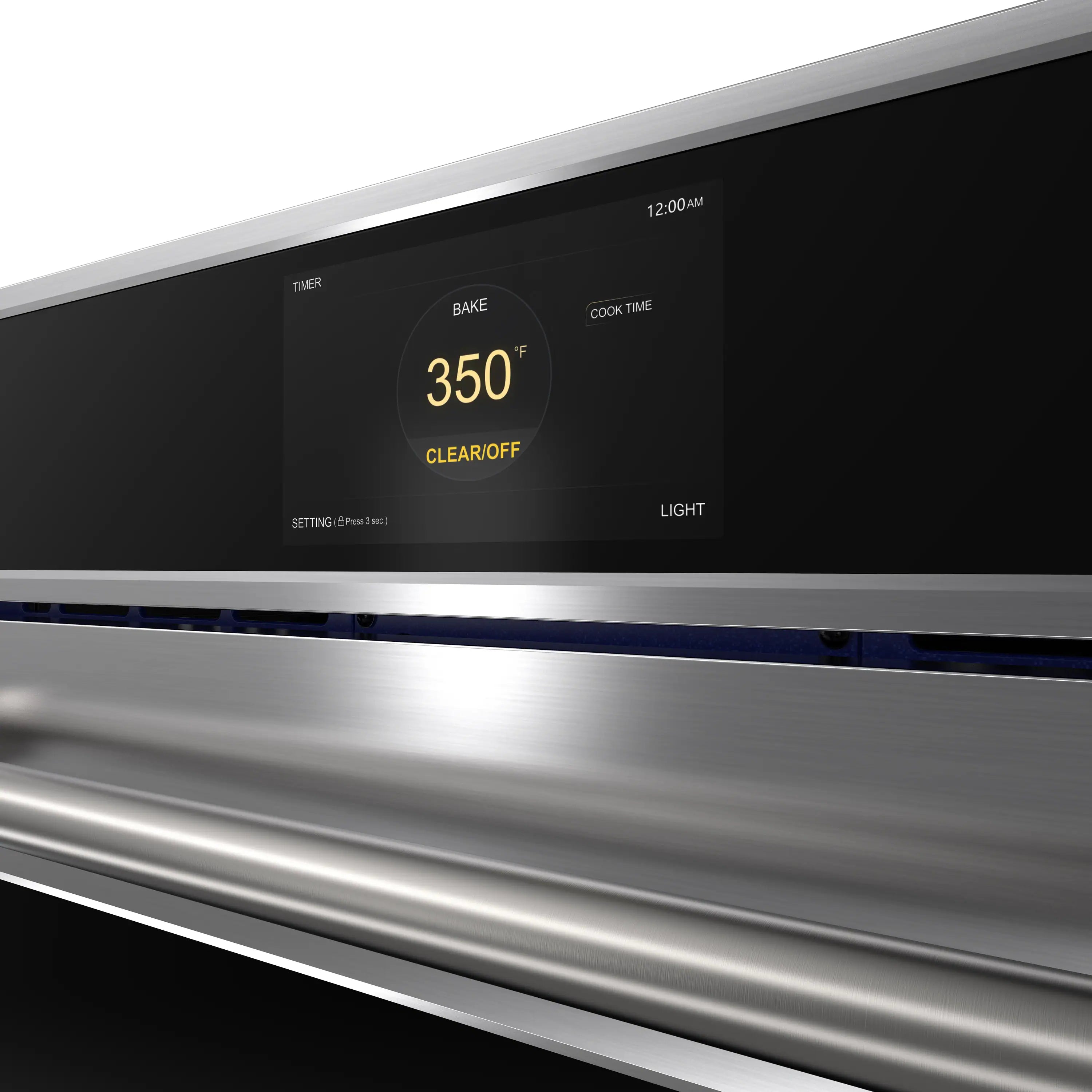 Wall oven control panel with black display, stainless trim, and temperature setting 350°F