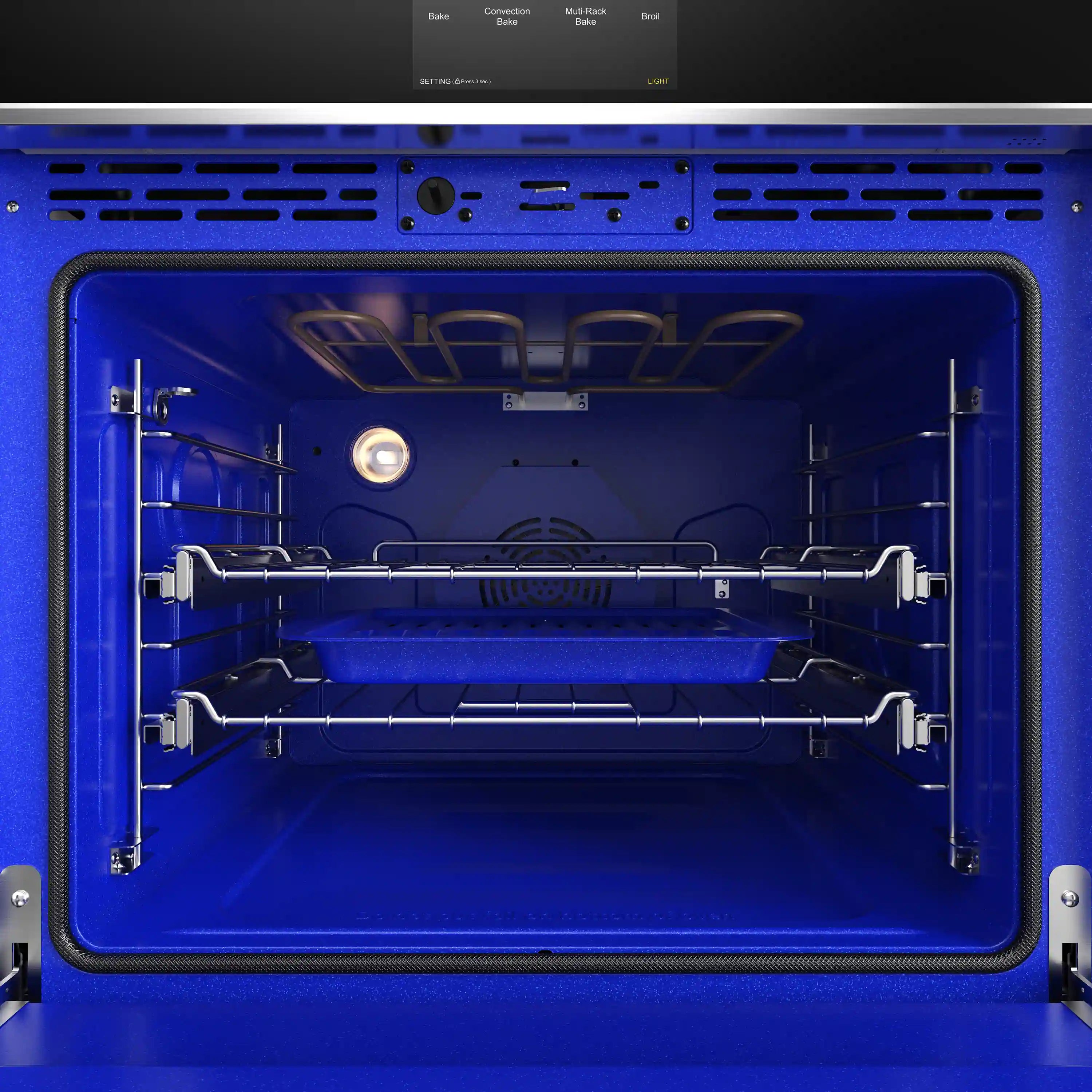 Close-up of wall oven interior with blue cavity, racks, and central light