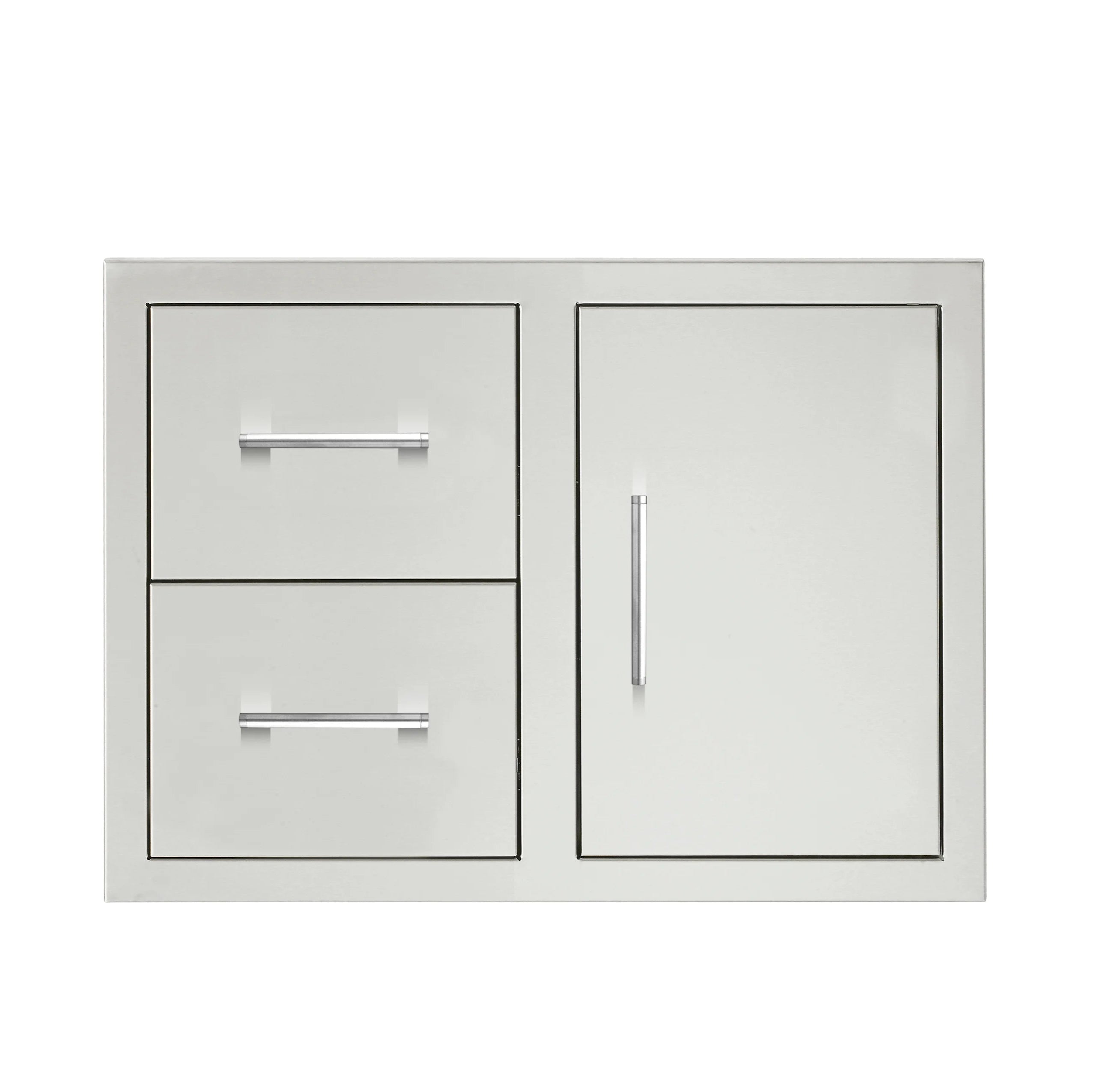 Stainless steel cabinet combo with two drawers and an access door, front view with bar pulls