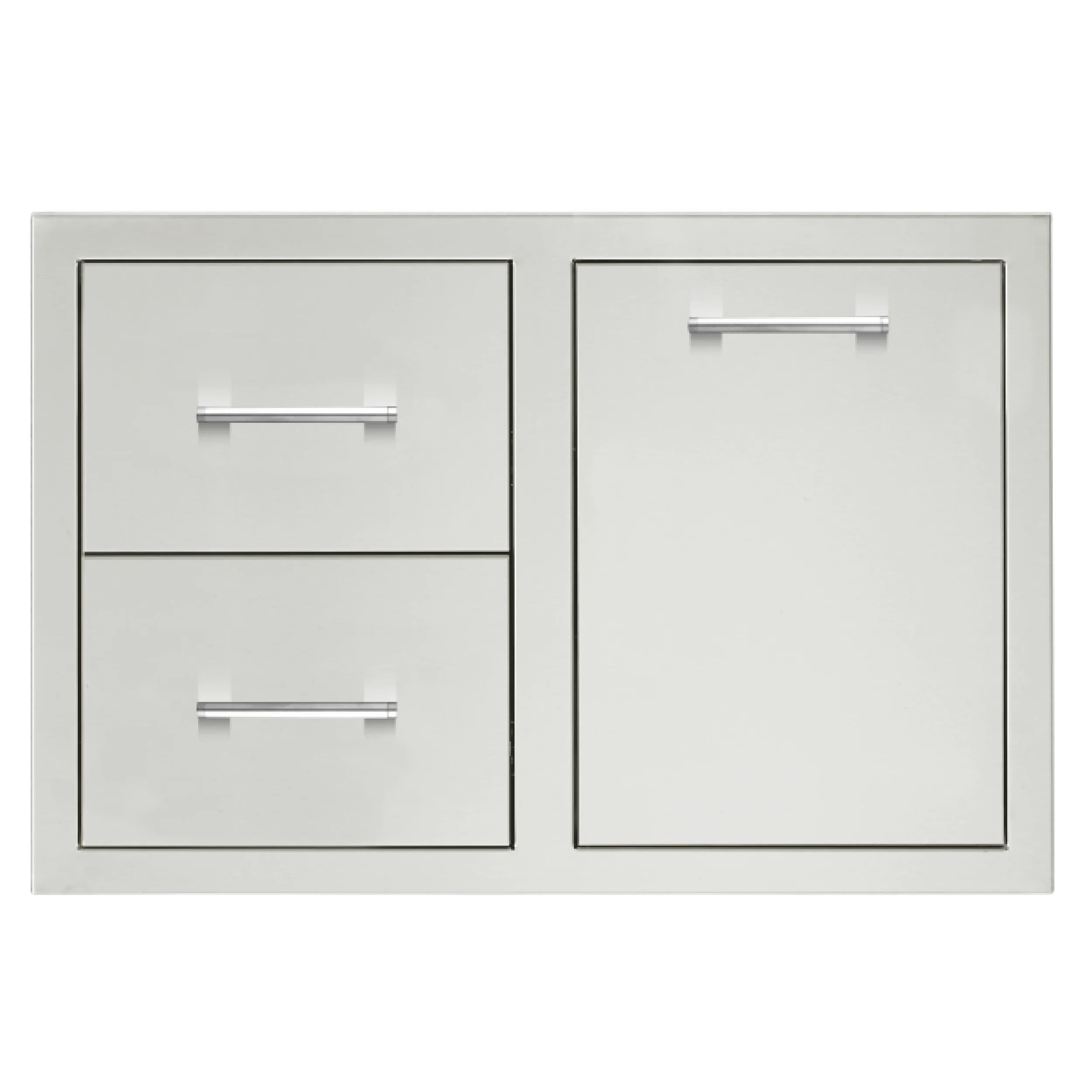 TrueFlame 2-drawer and access door cabinet, white panel fronts with metal frame