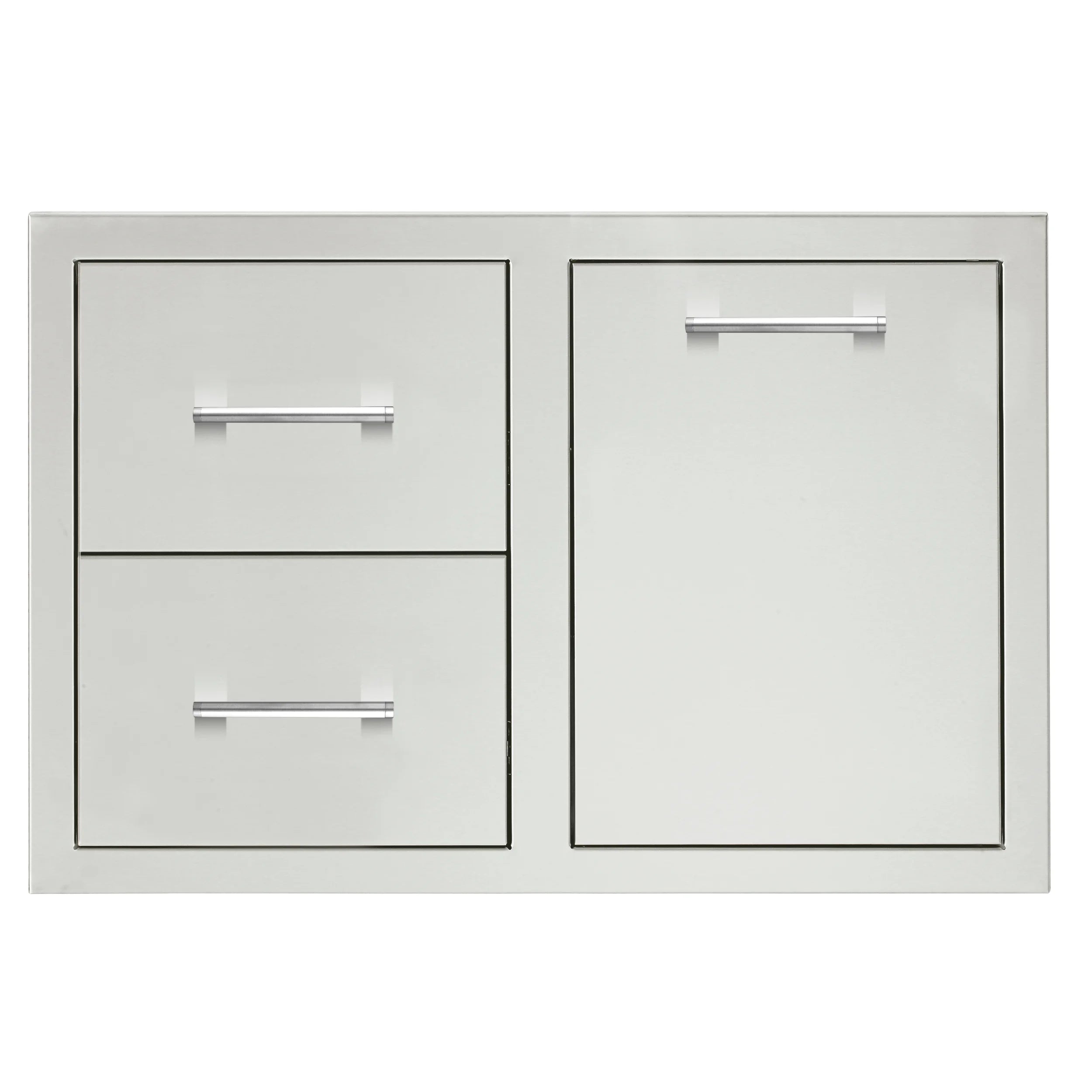 Masonry frame return with two drawers and access door, light gray rectangular panel