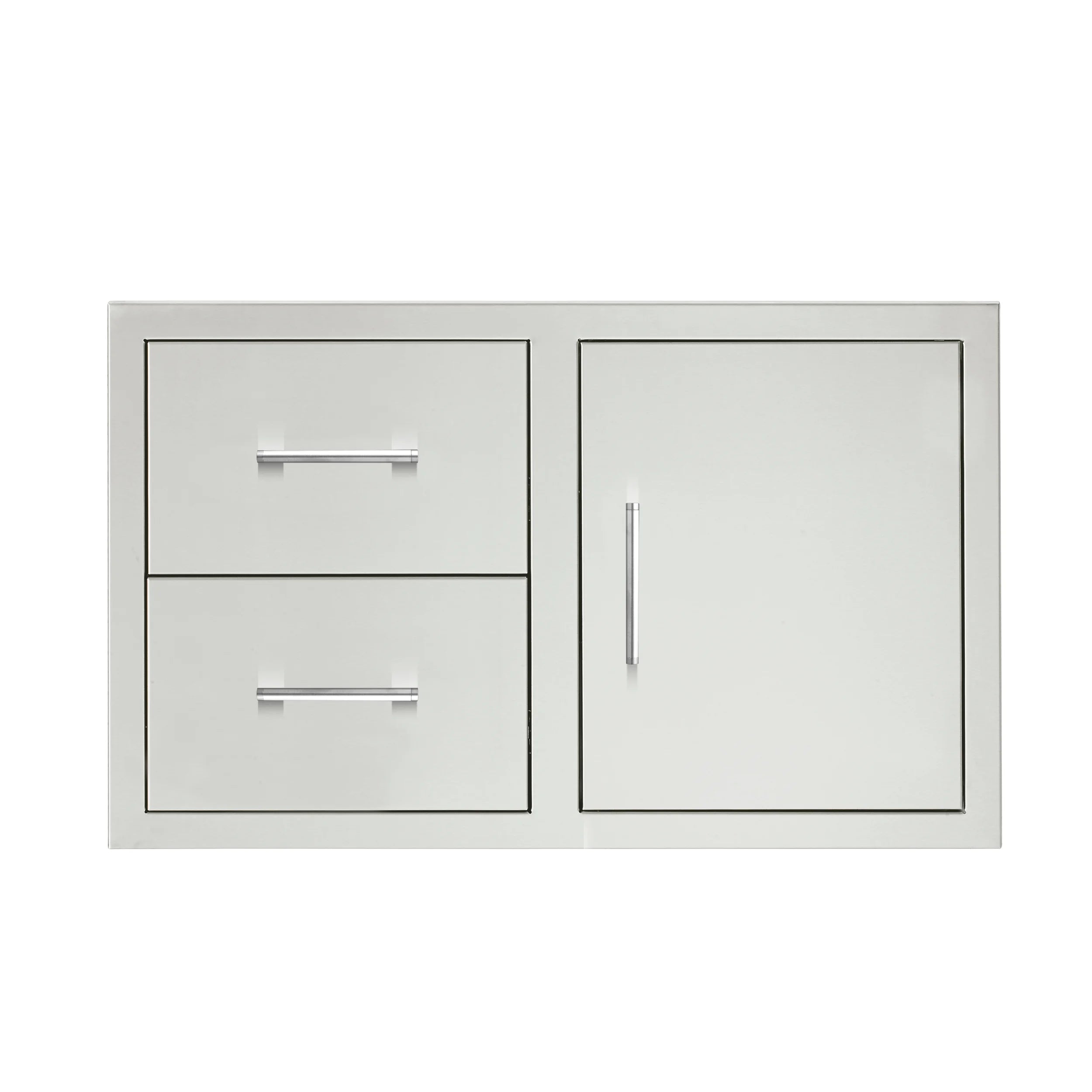 36-inch cabinet with two drawers and side access door, light gray metal