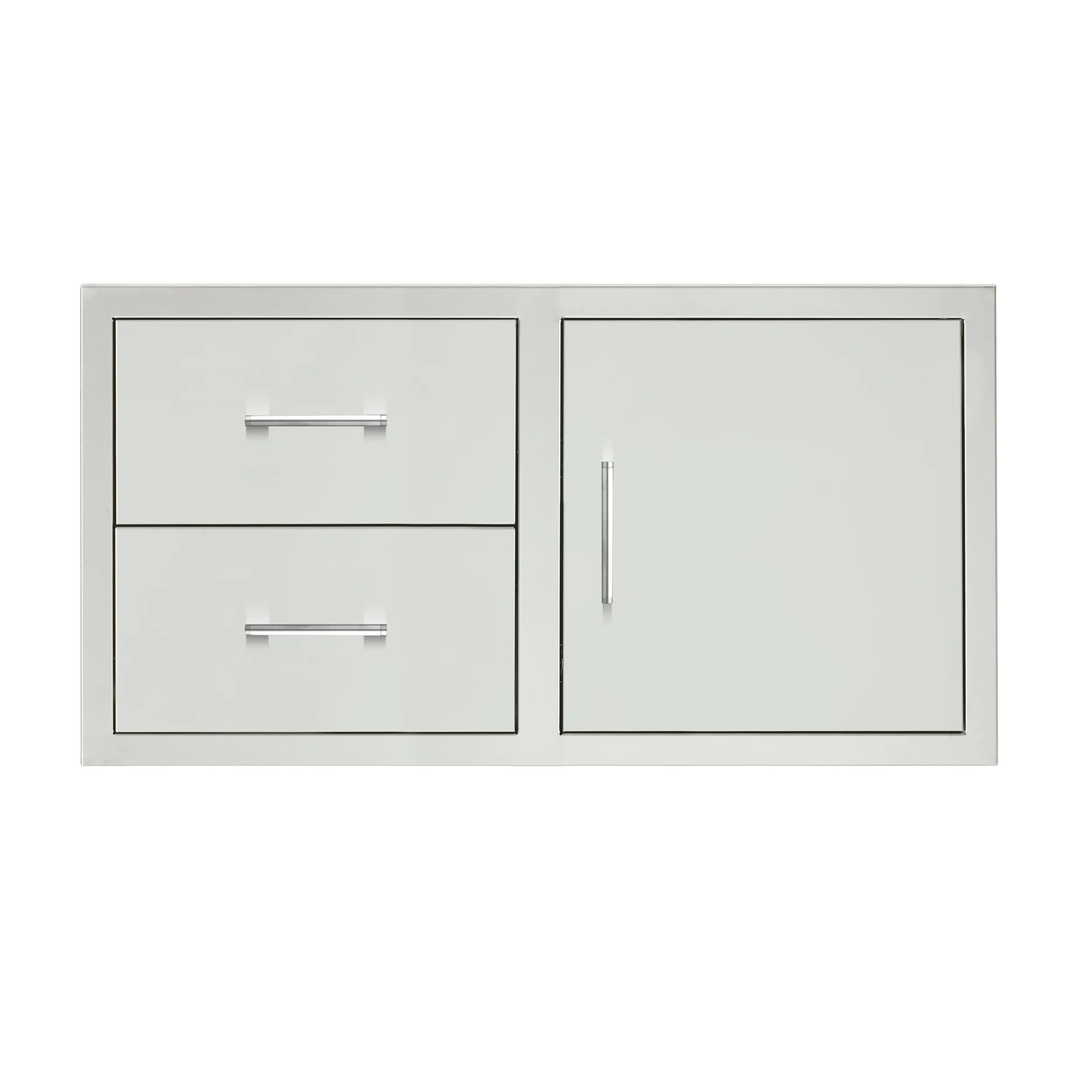 Light gray cabinet with two drawers and single access door, double handle pulls