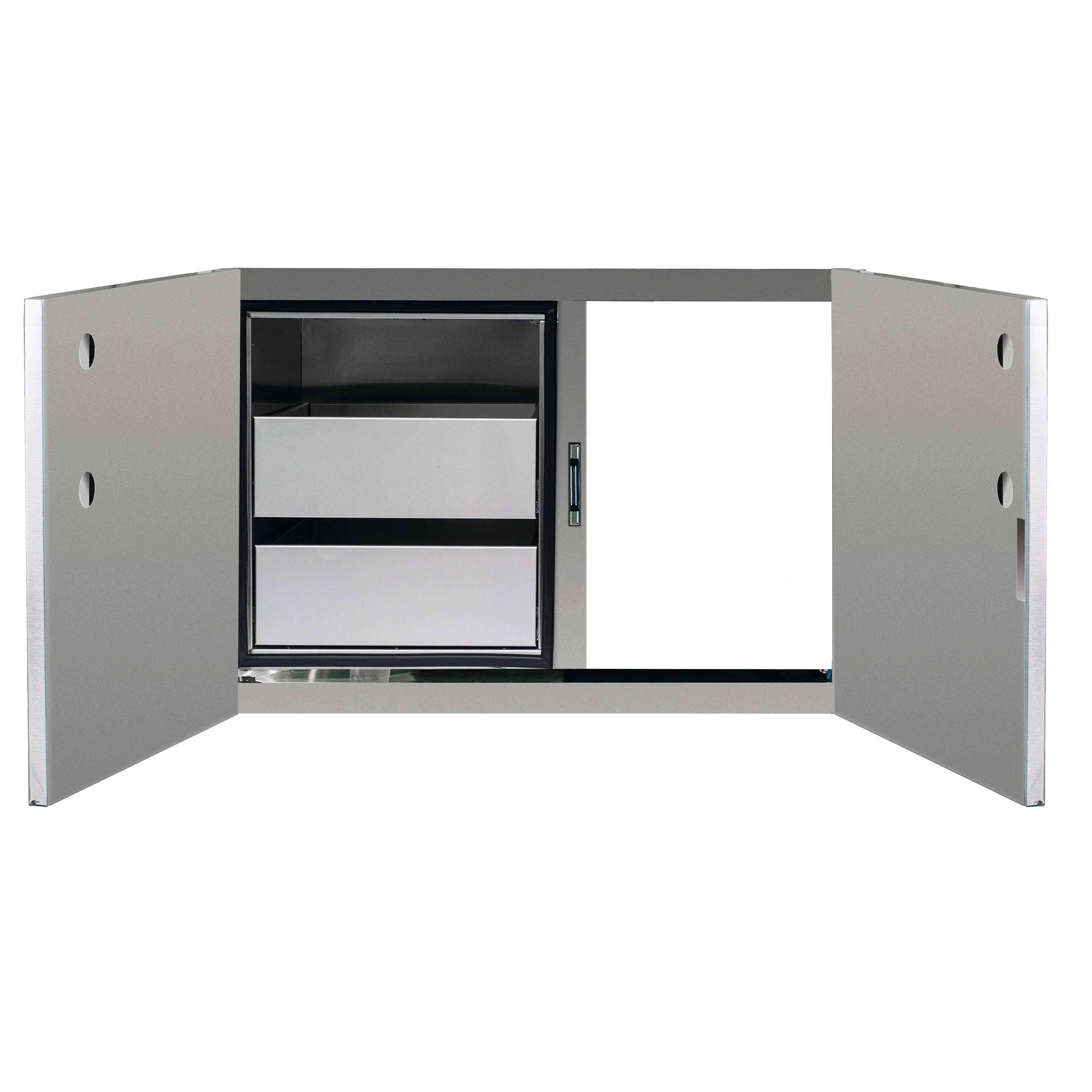 Stainless outdoor dry storage pantry with two-panel access door and open interior