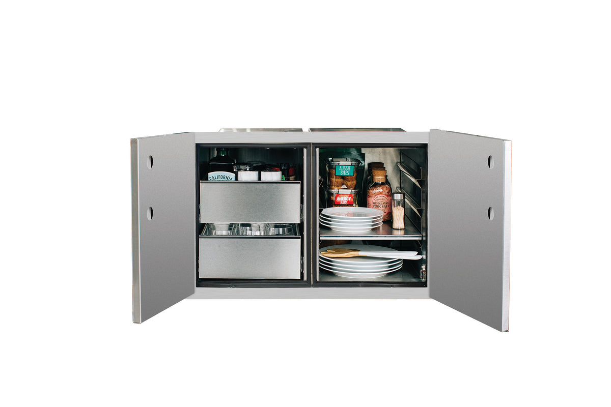 Dry storage pantry cabinet with open doors and interior shelves for dry goods