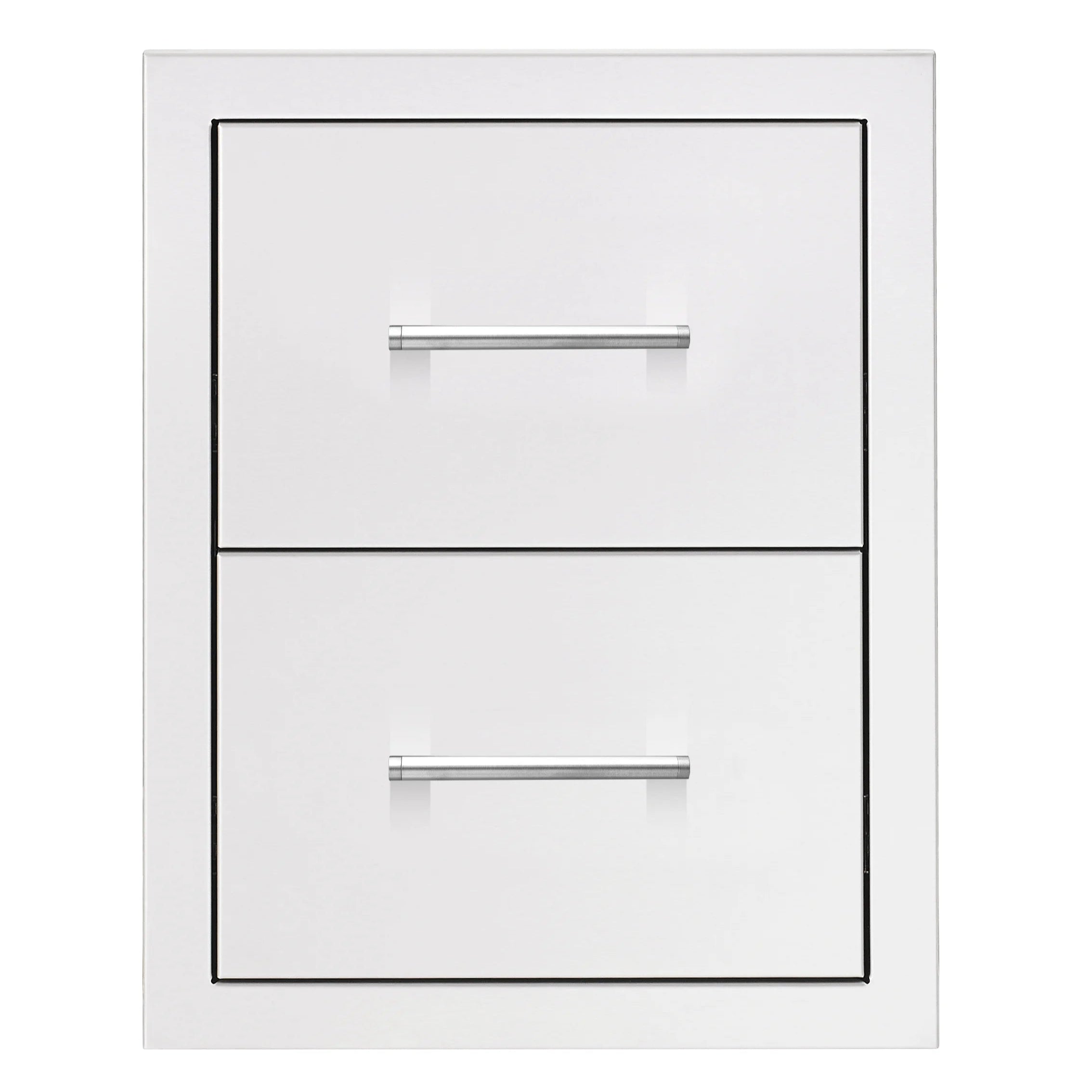 17-inch double drawer unit with two front drawers, silver bar pulls, black-trim frame