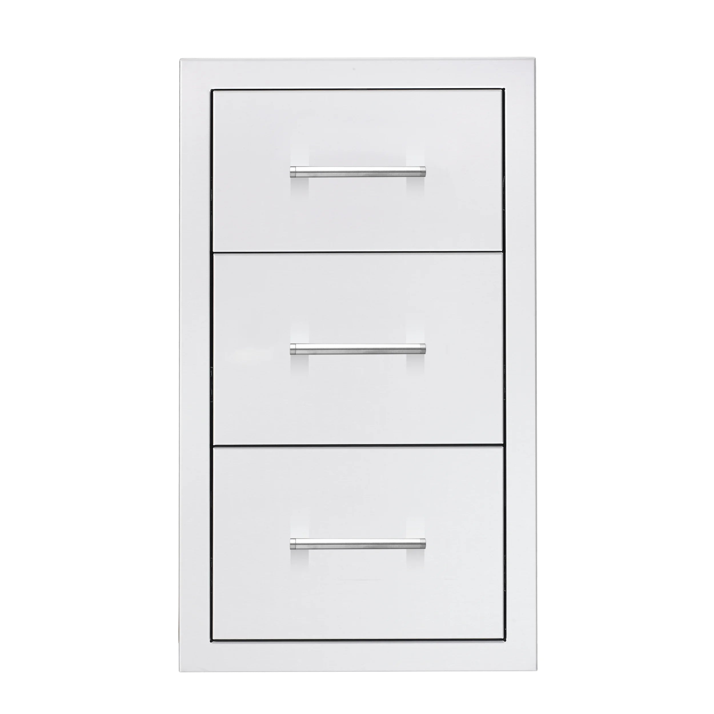 TrueFlame 17-inch triple drawer cabinet in white with three silver bar pulls