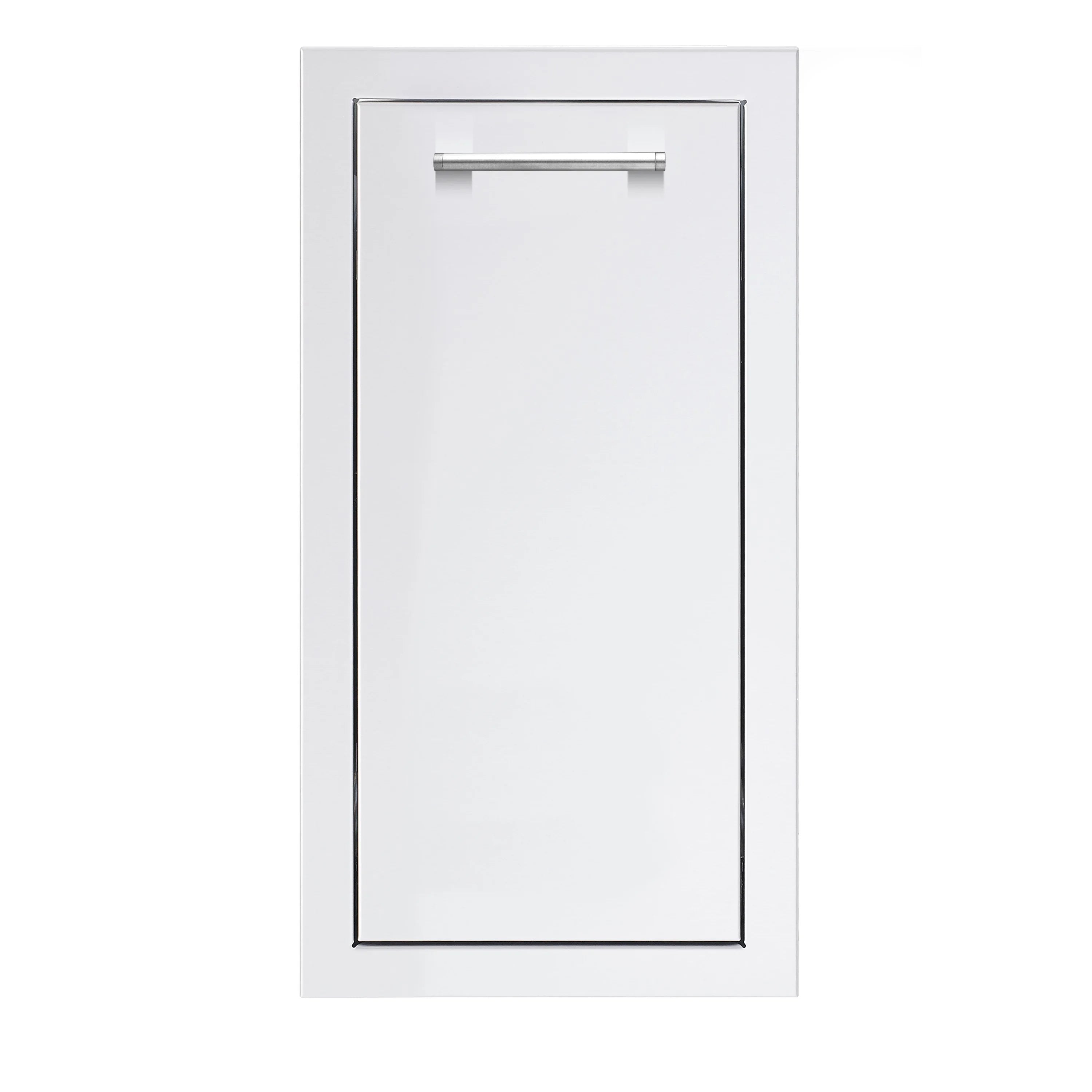 14-inch narrow trash drawer with white front panel and recessed handle