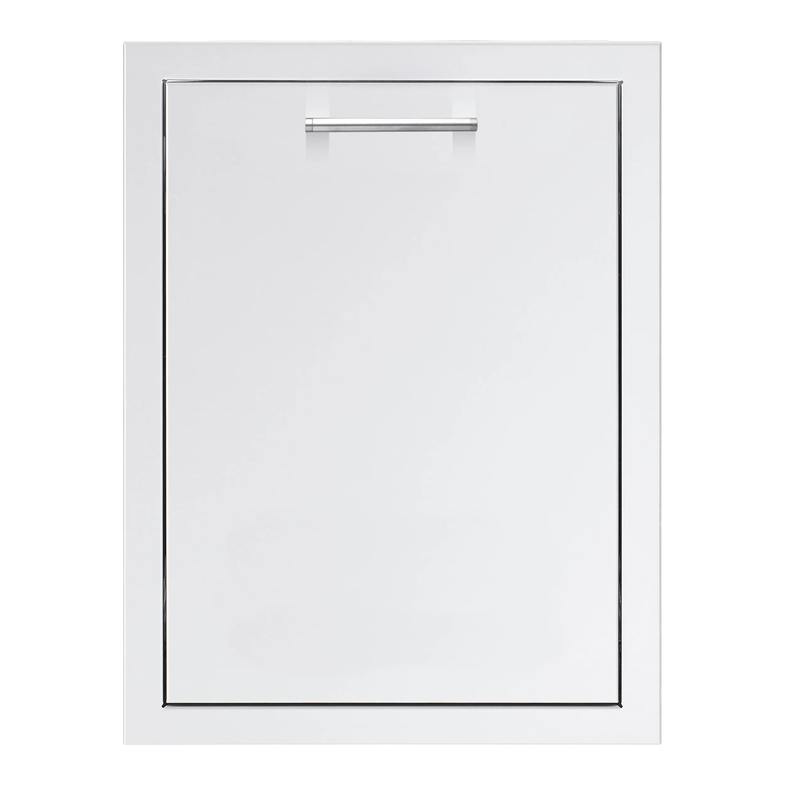 TrueFlame two-bin trash and recycling drawer front with metal handle, white panel