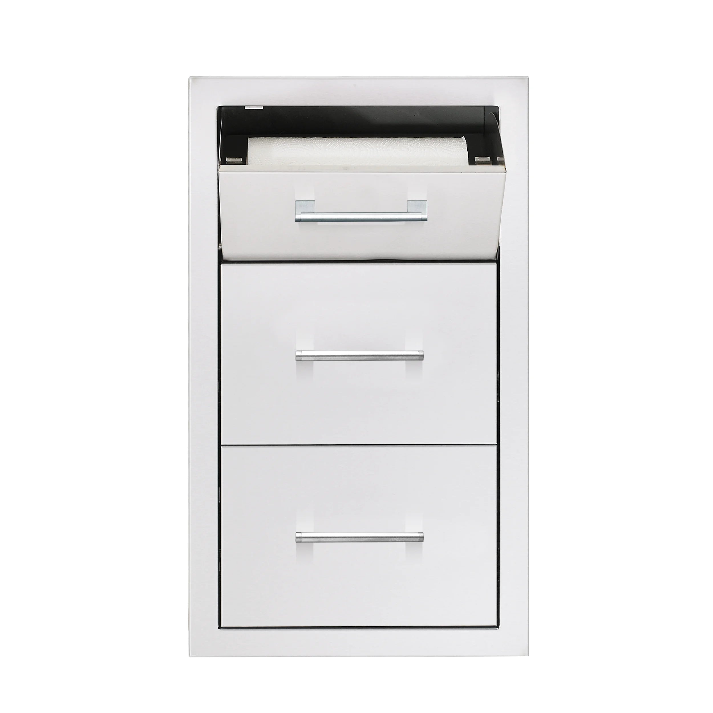 TrueFlame vertical cabinet showing paper towel holder and 2 drawers, white with chrome handles