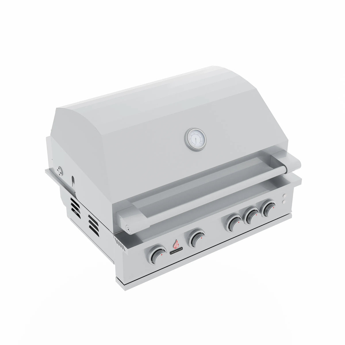 Light-colored stainless built-in natural gas grill with front control panel and hood
