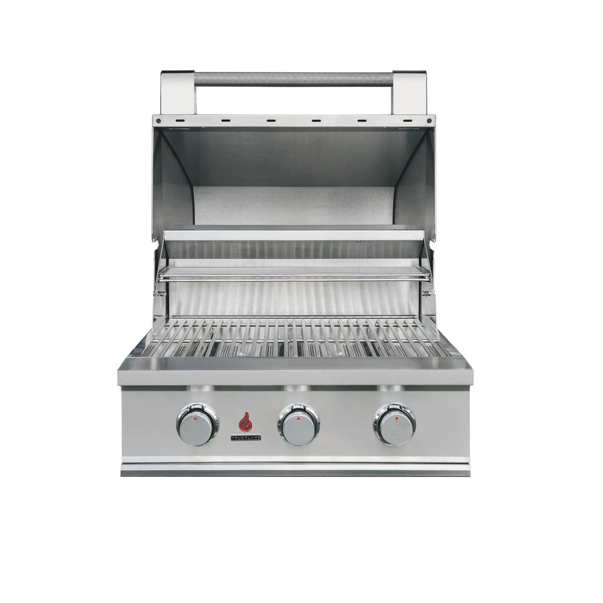 Stainless steel 3-burner gas grill, open lid, front control knobs