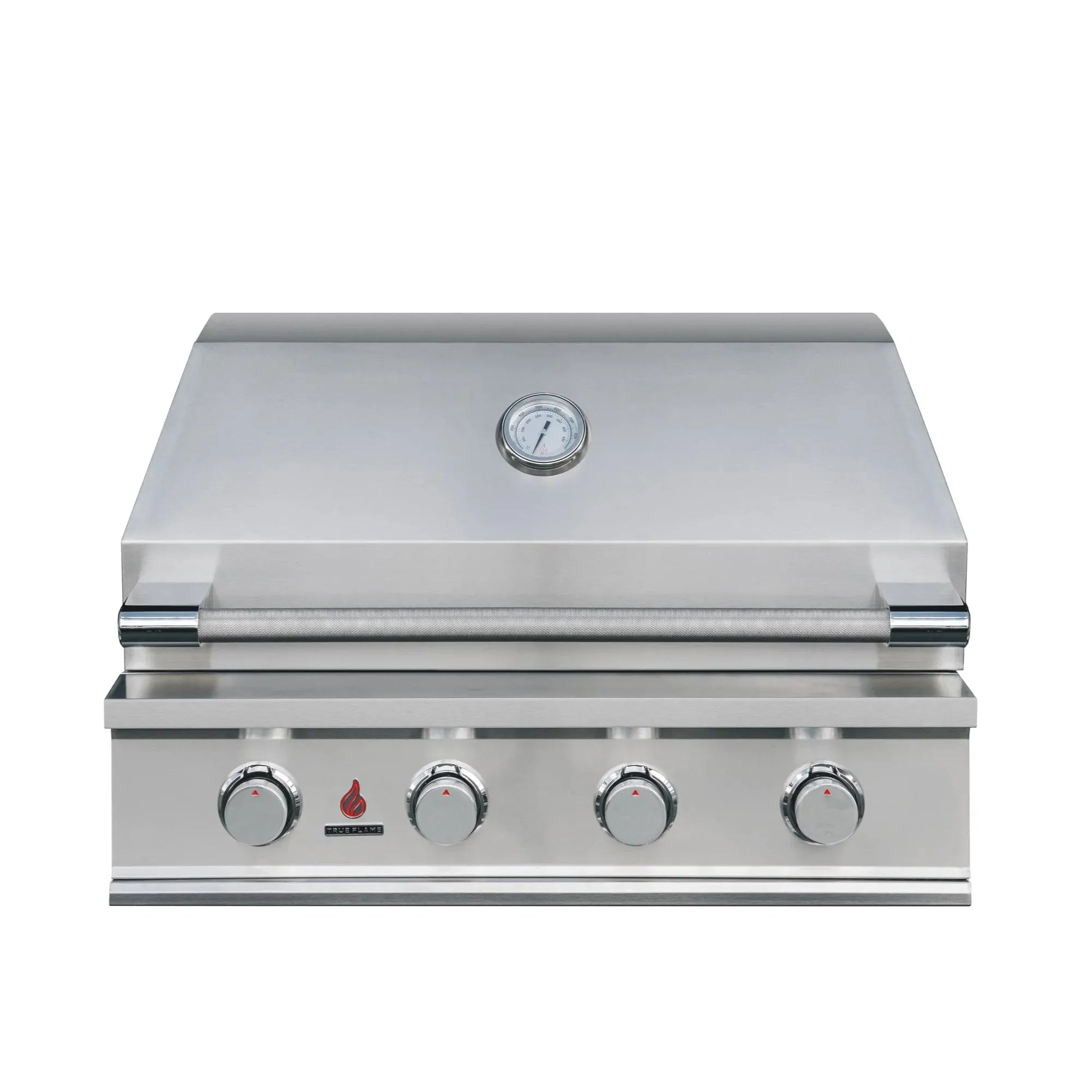 Stainless 4-burner gas grill with front control knobs and lid thermometer