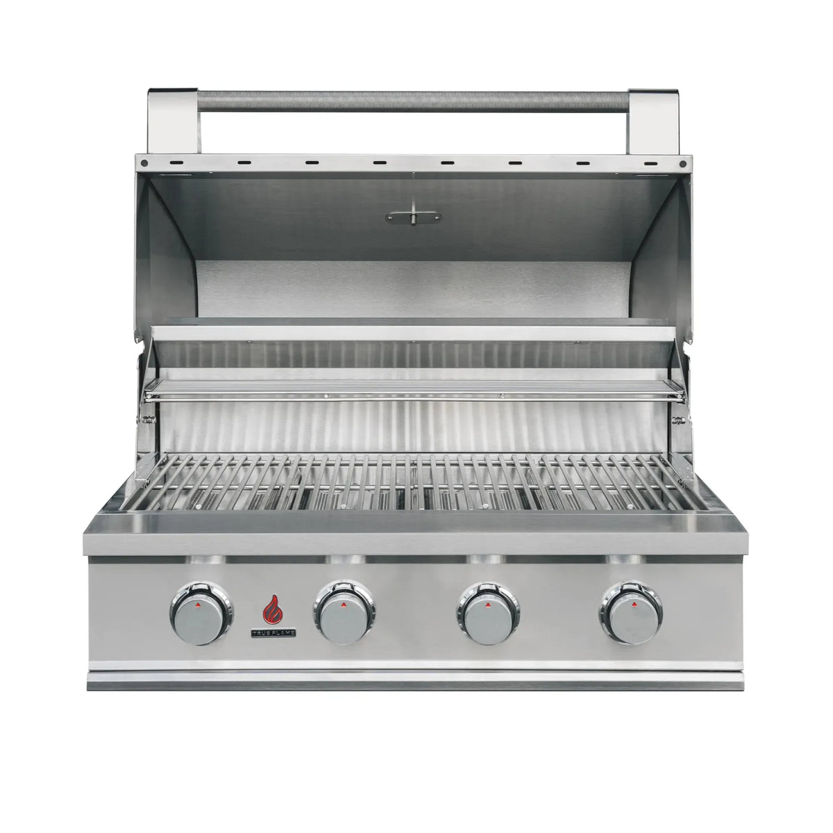 Stainless 4-burner gas grill with open lid, cooking grates, and front burner knobs