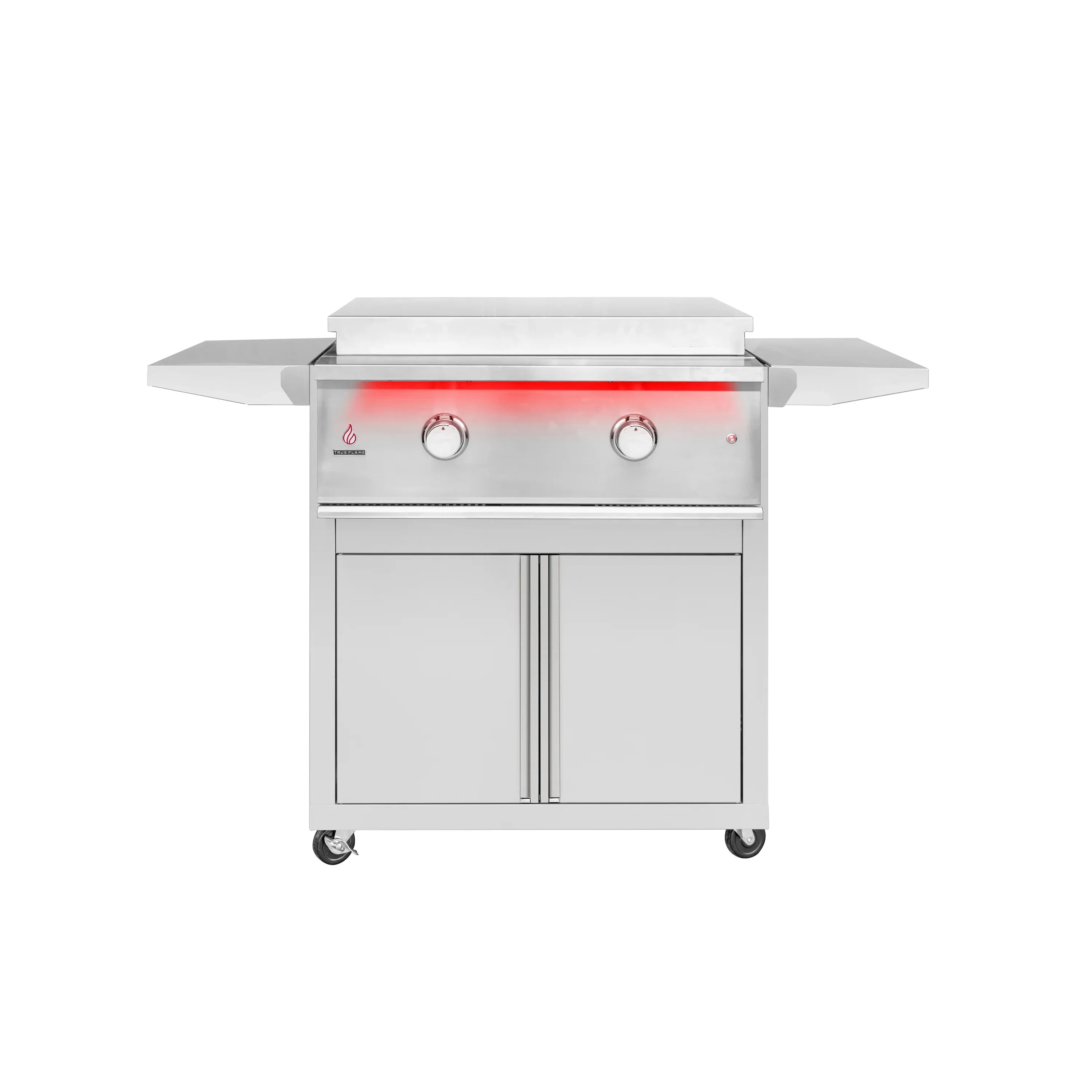 Stainless 2-burner freestanding propane grill, side shelves, control knobs, cabinet doors
