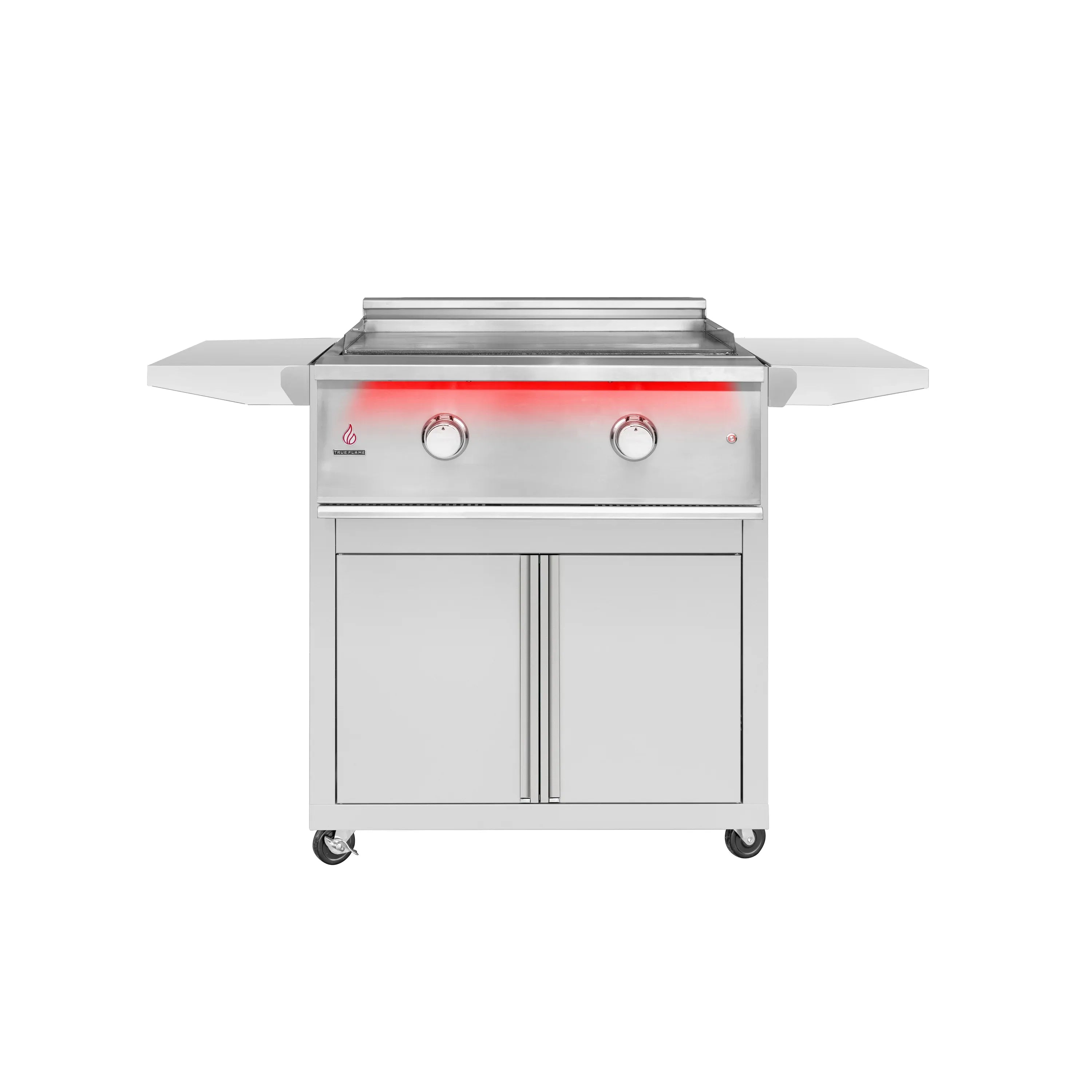 Stainless 2-burner propane grill with open lid, side shelves, two burner control knobs