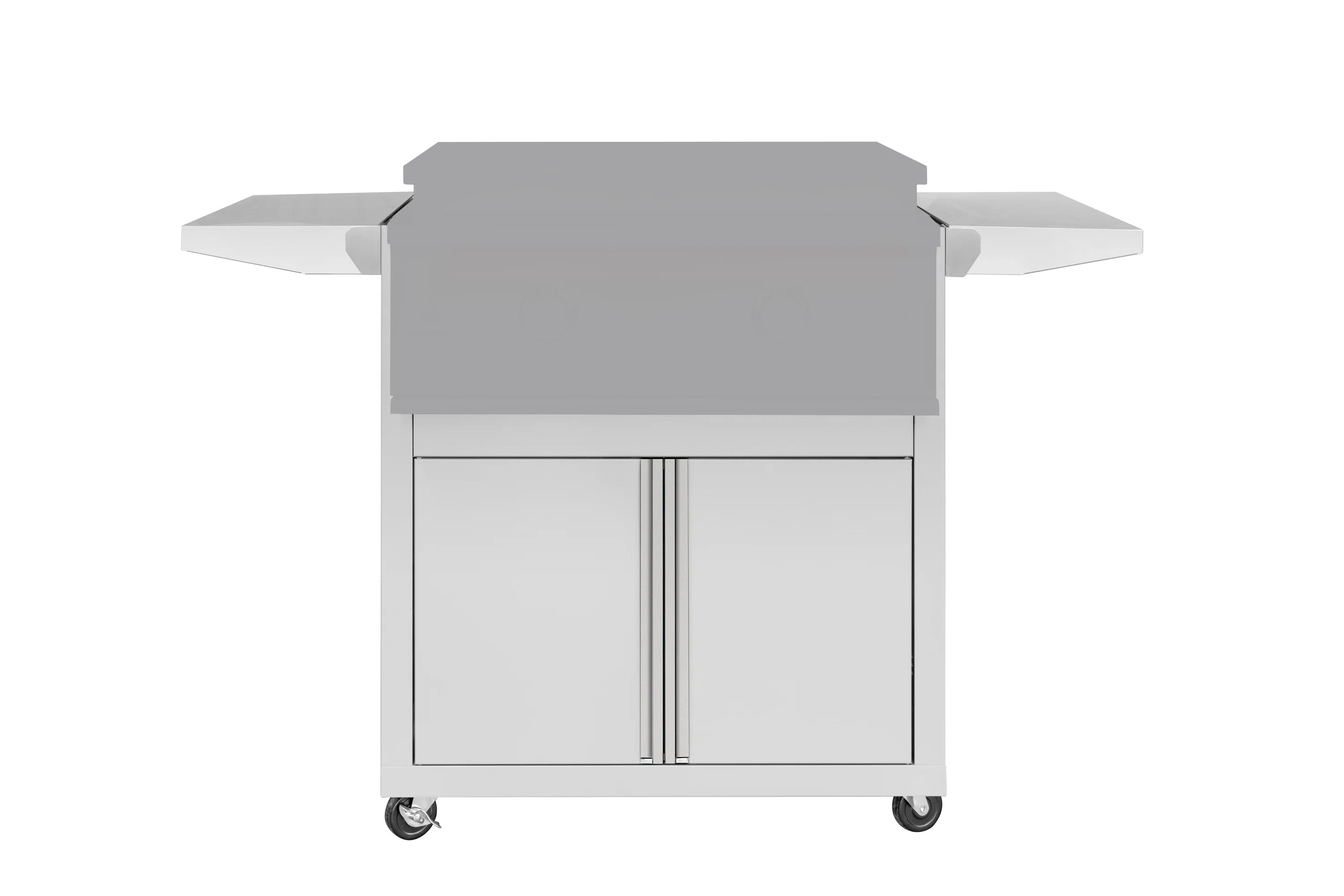 Outdoor gas grill cart with fold-down side shelves, stainless steel, front storage doors.