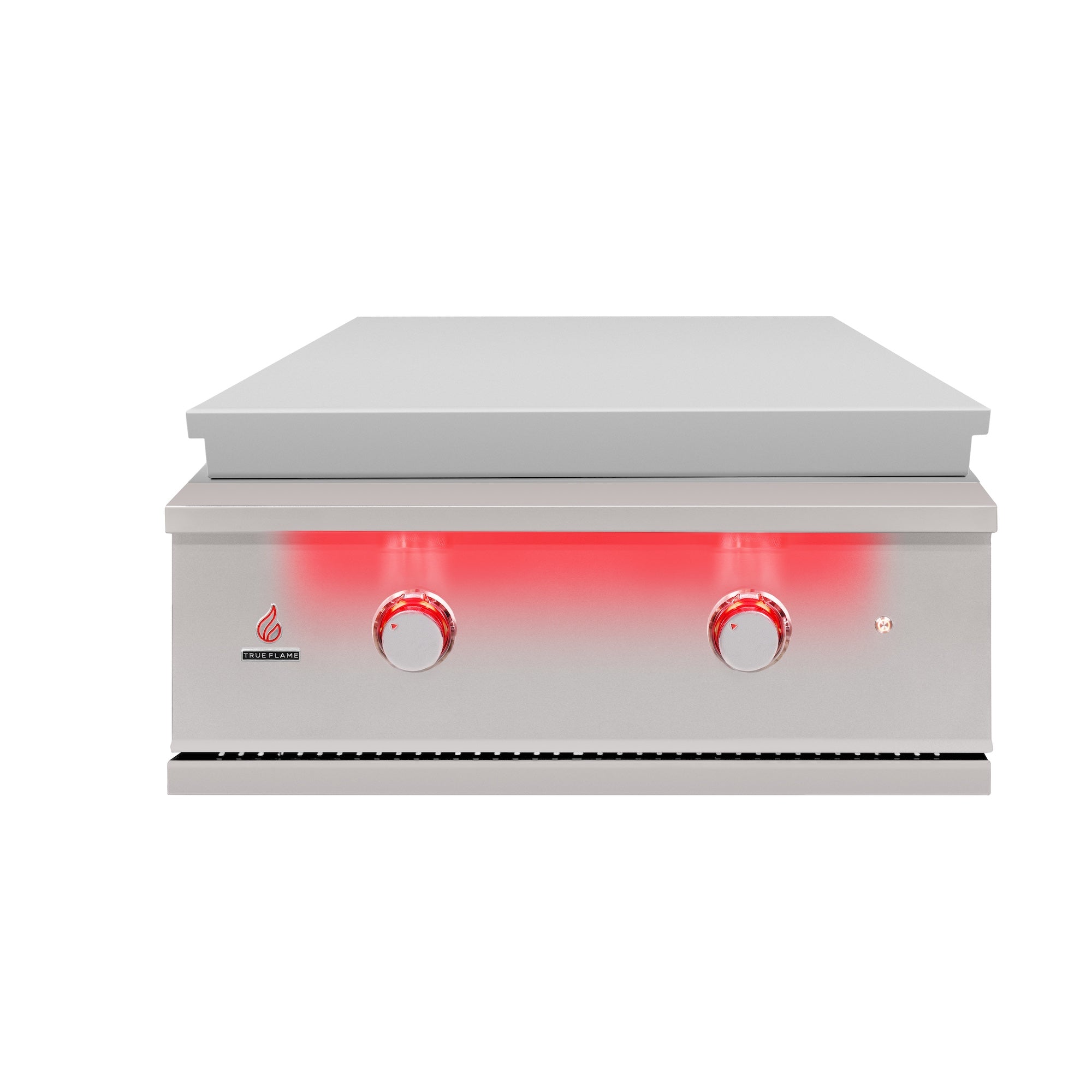 Built-in stainless steel propane griddle front with two control knobs, red burner glow, flat hood