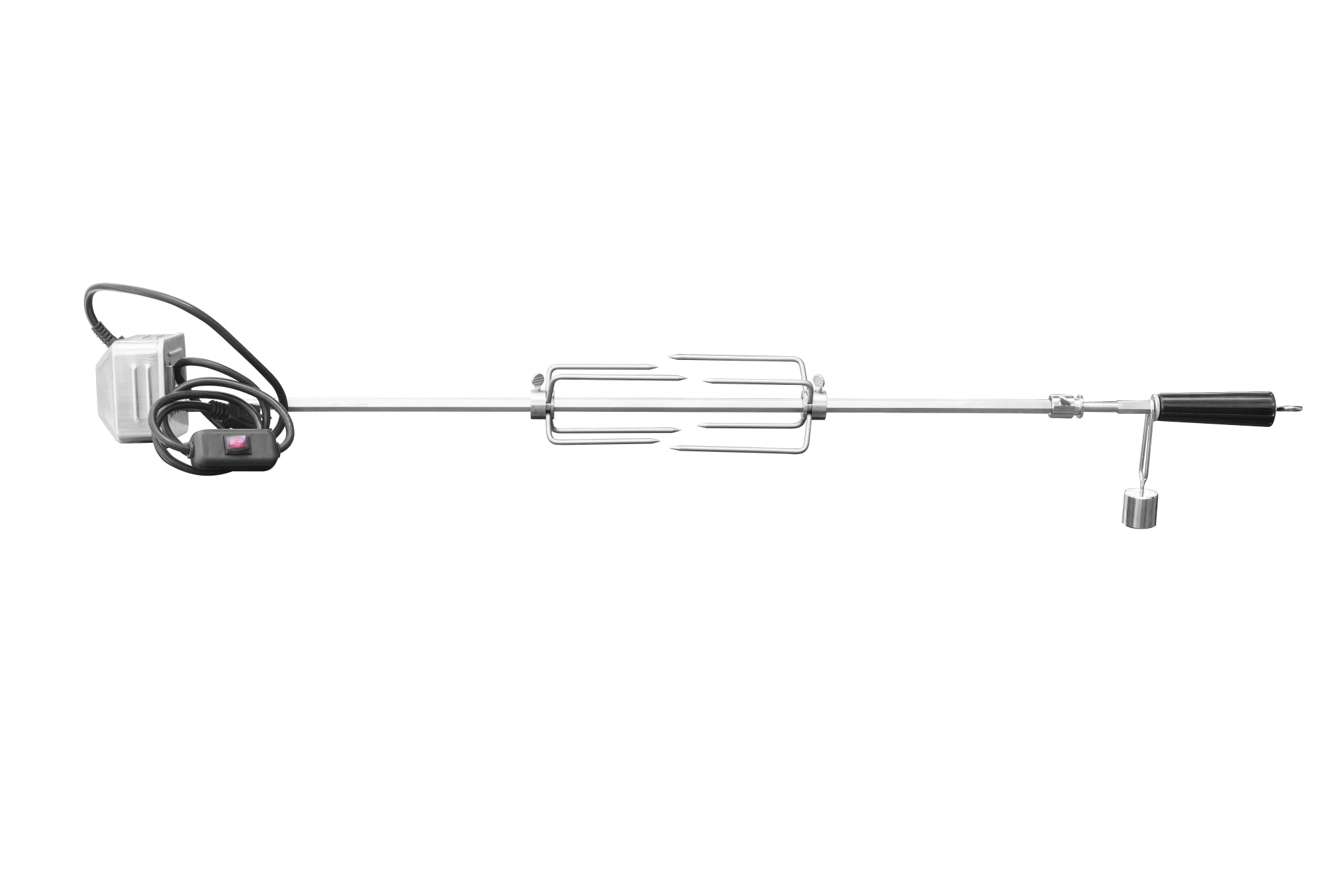 TrueFlame rotisserie kit with metal spit rod, motor box, and mounting clamp