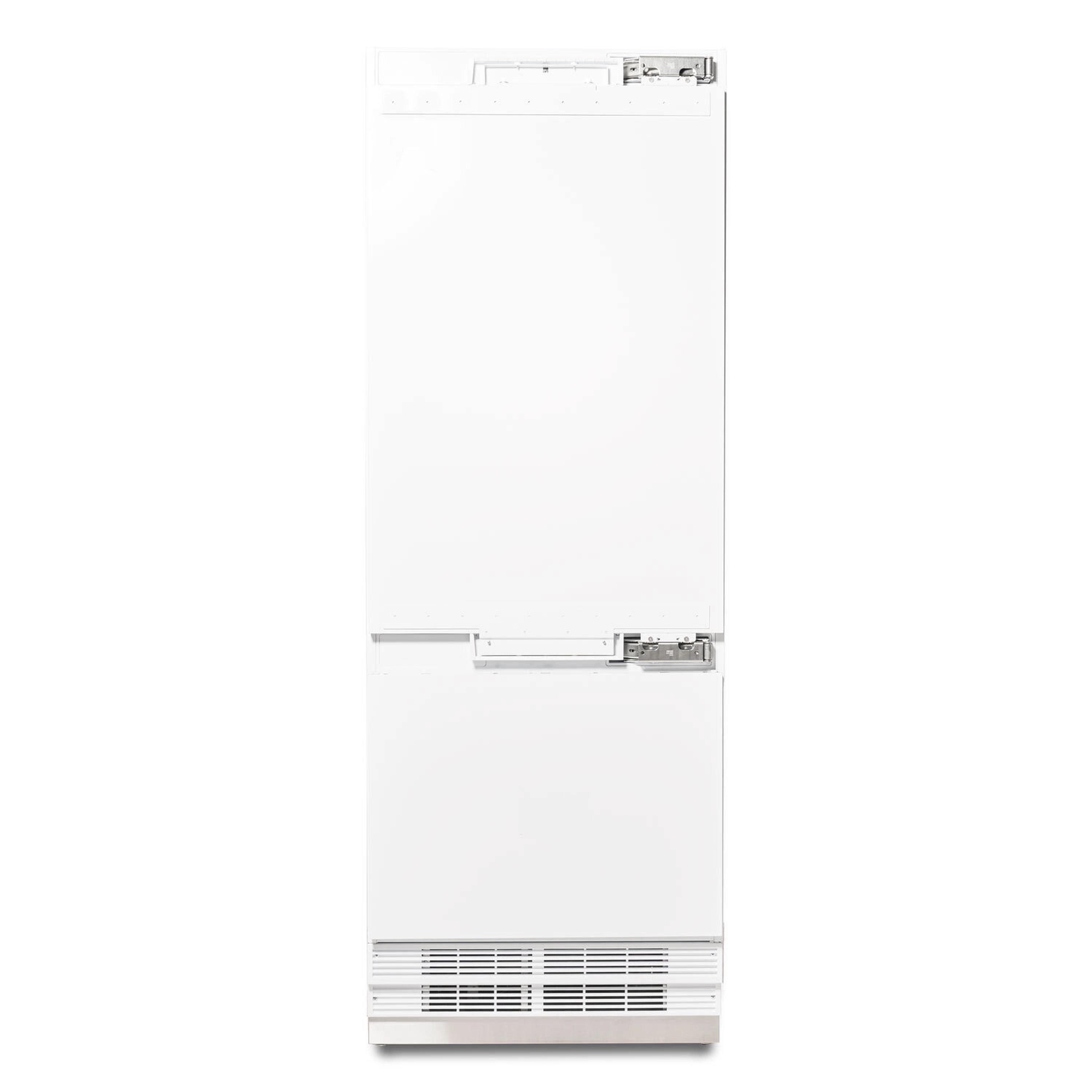 White bottom-freezer refrigerator exterior, clean flush-door design