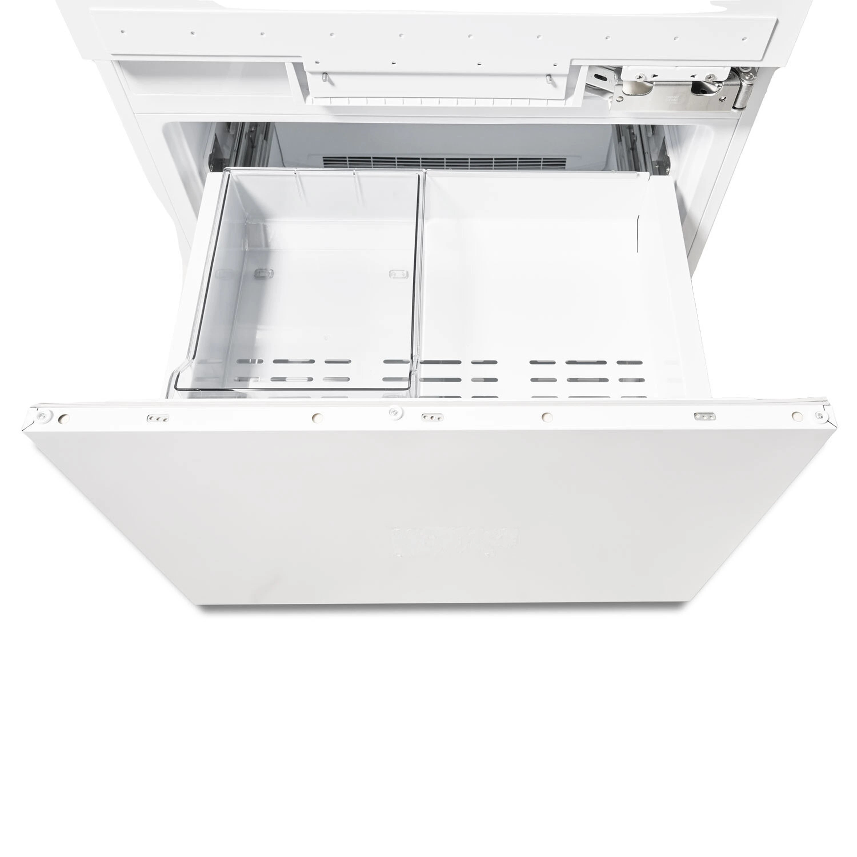 Bottom freezer drawer opened, white interior with shelf and metal rails