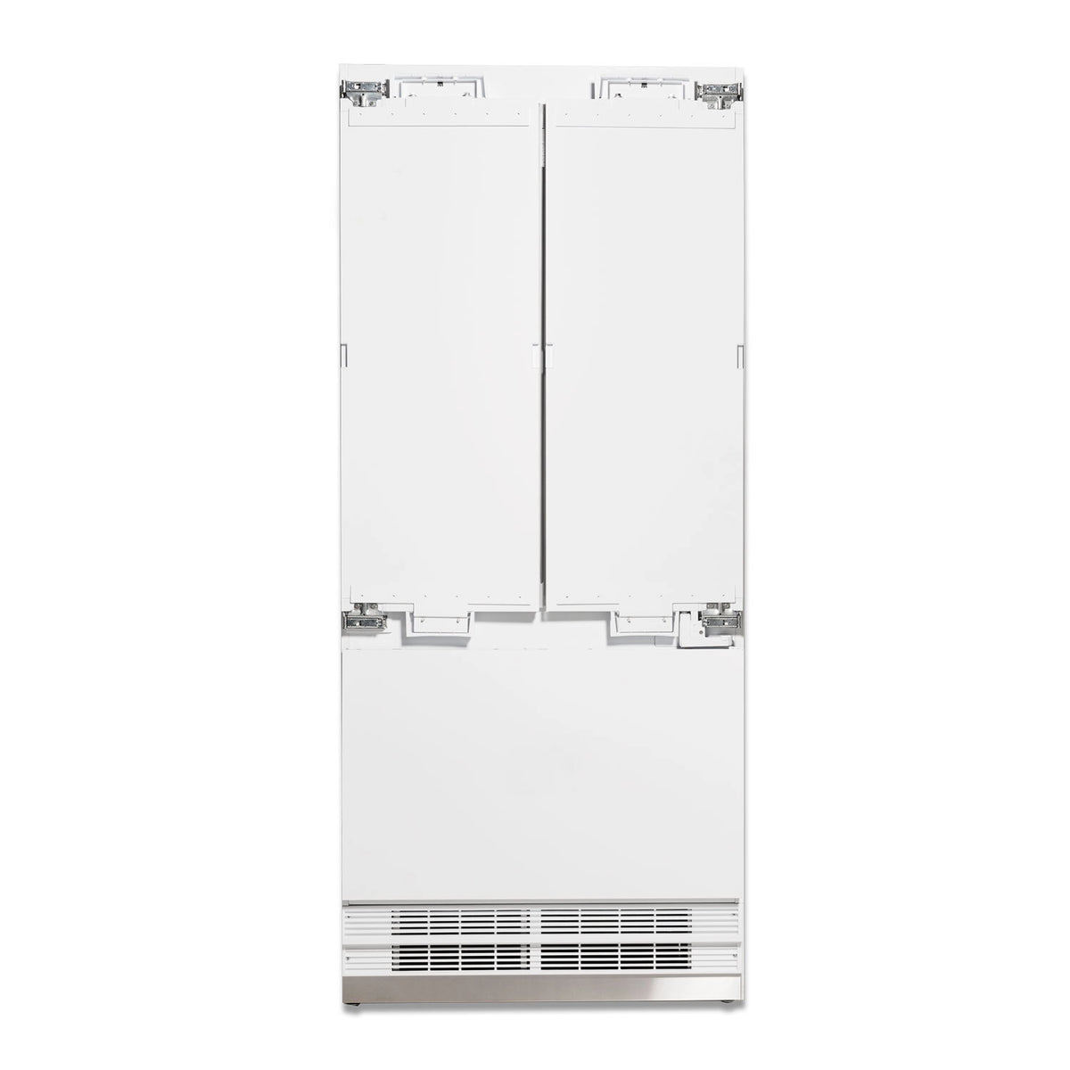 Panel-ready refrigerator with rear-facing open doors and bottom vent grille, white exterior