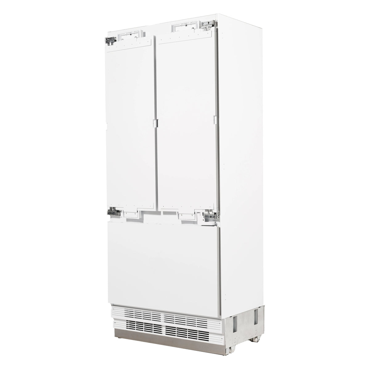 Panel-ready refrigerator side view with doors open and bottom vent grille, white exterior