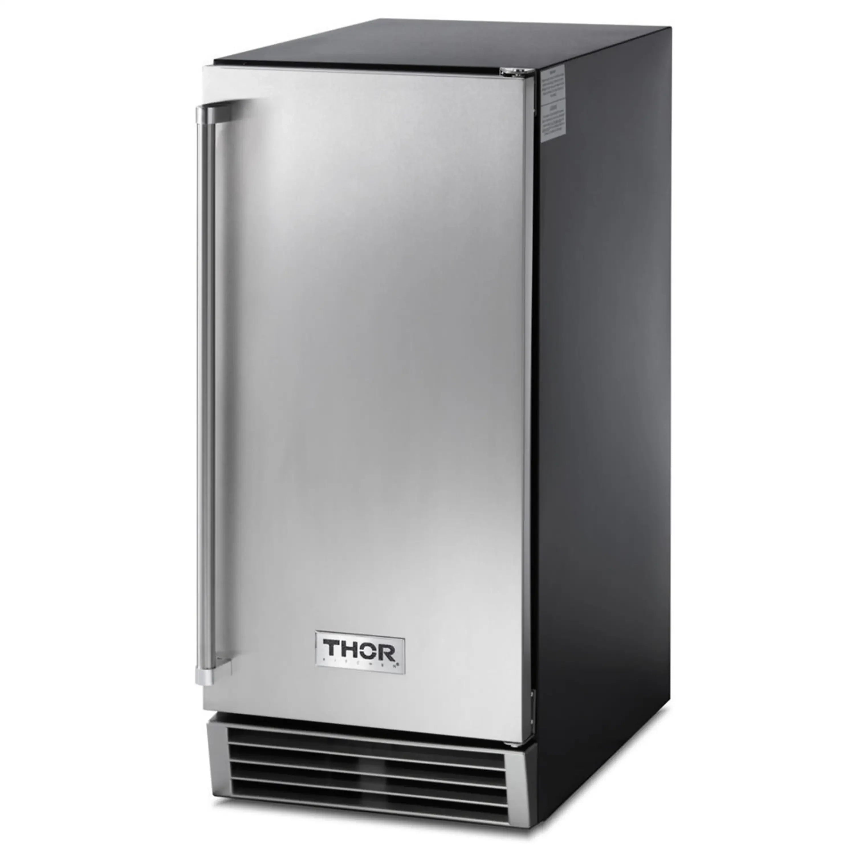 Stainless steel built-in ice maker with front ventilation grille and vertical side handle