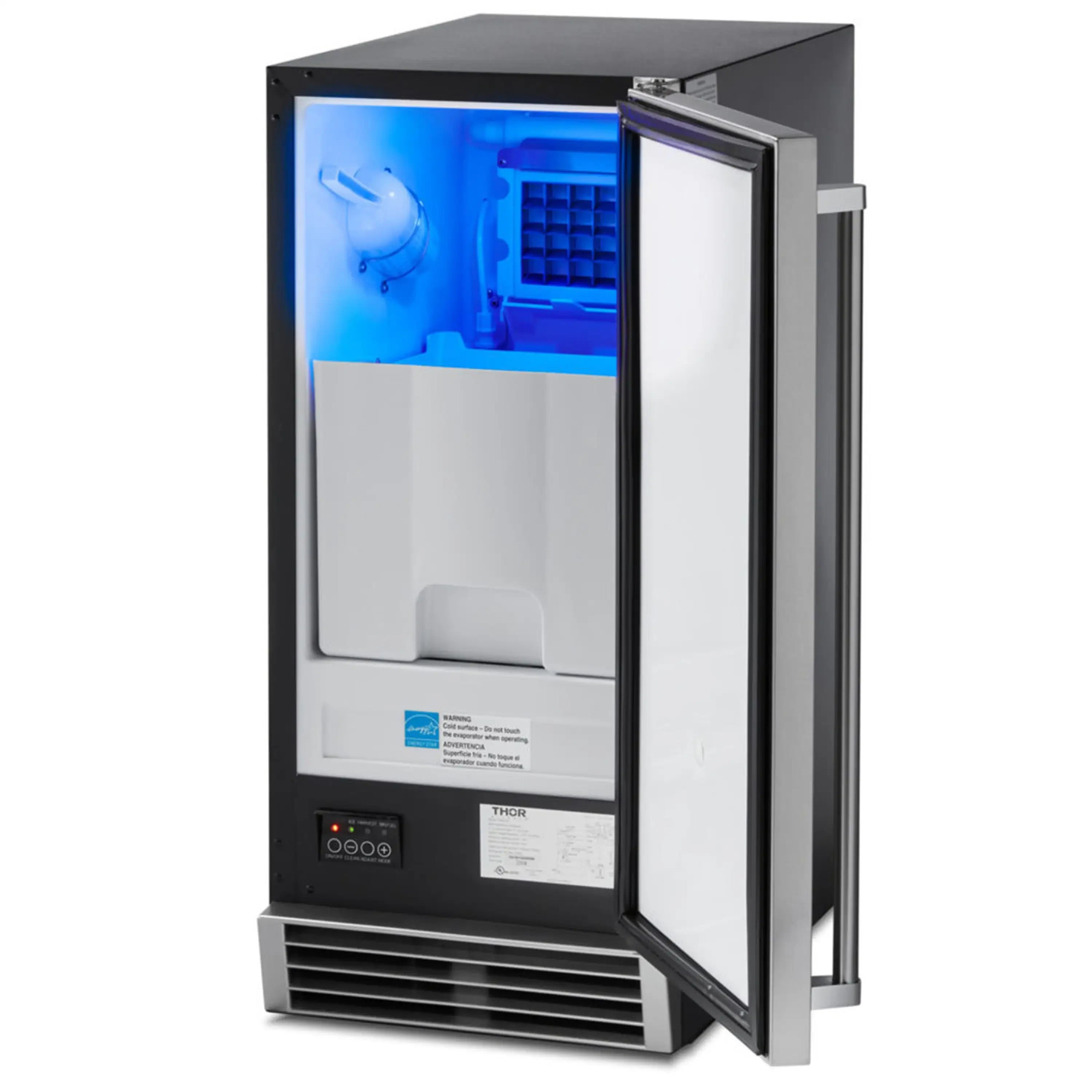 Stainless steel ice maker with door open showing ice bin and illuminated control area