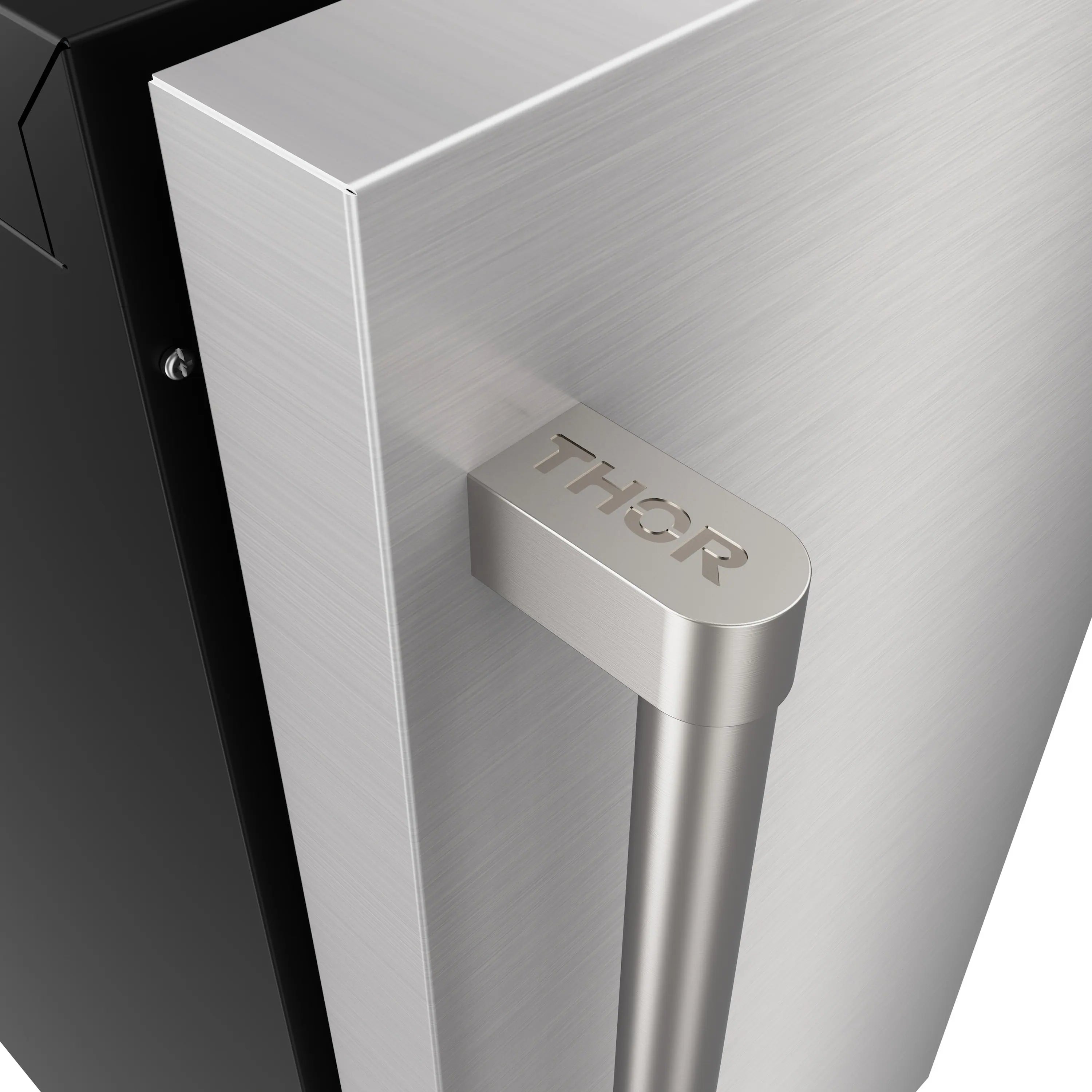 Ice maker stainless side handle with Thor logo on brushed metal cabinet