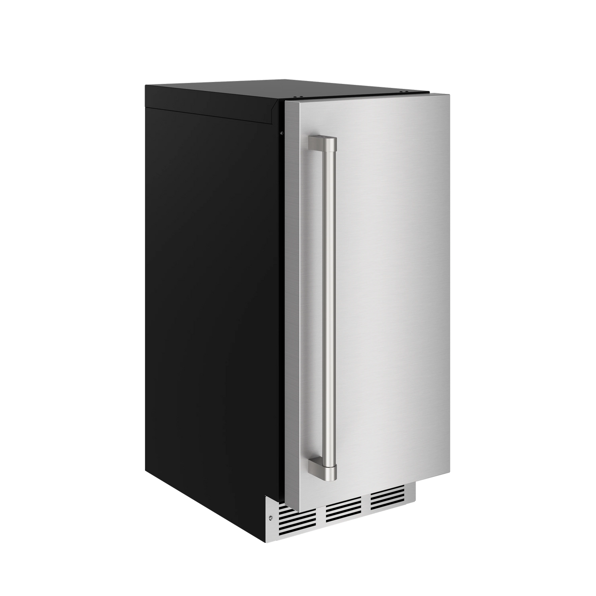 Ice maker with black side panel and brushed stainless front door