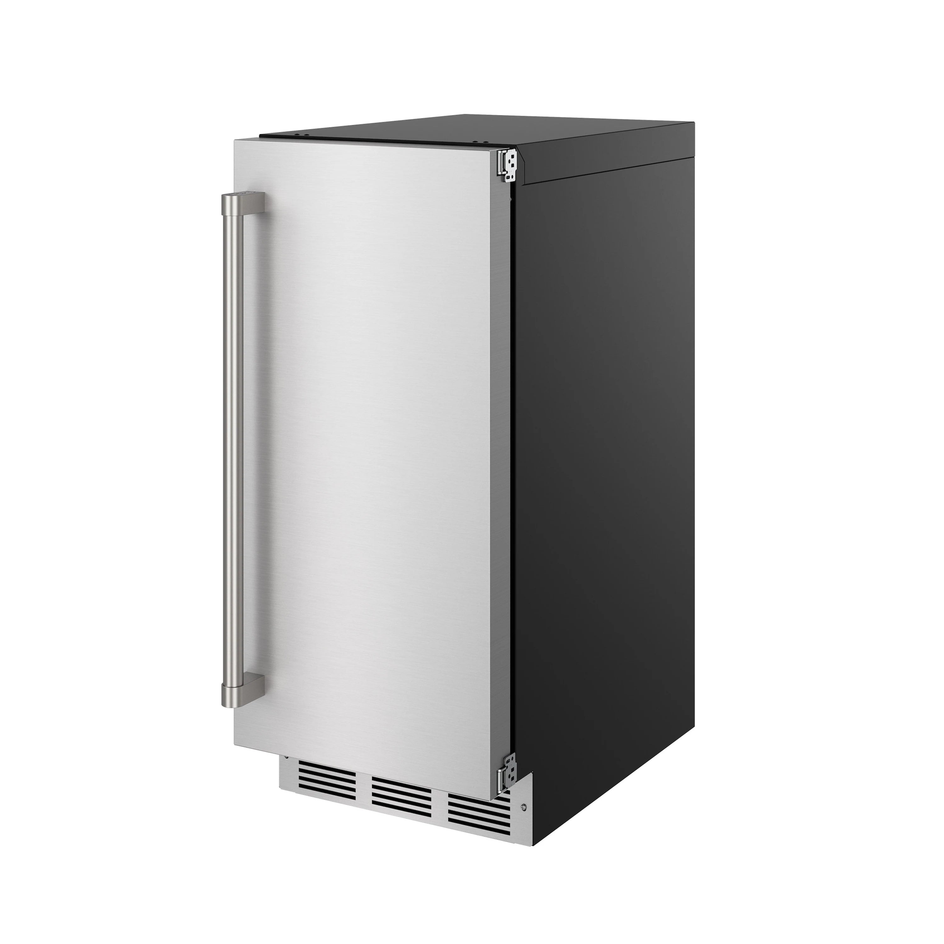 Ice maker side profile with tall stainless handle and bottom vent grilles