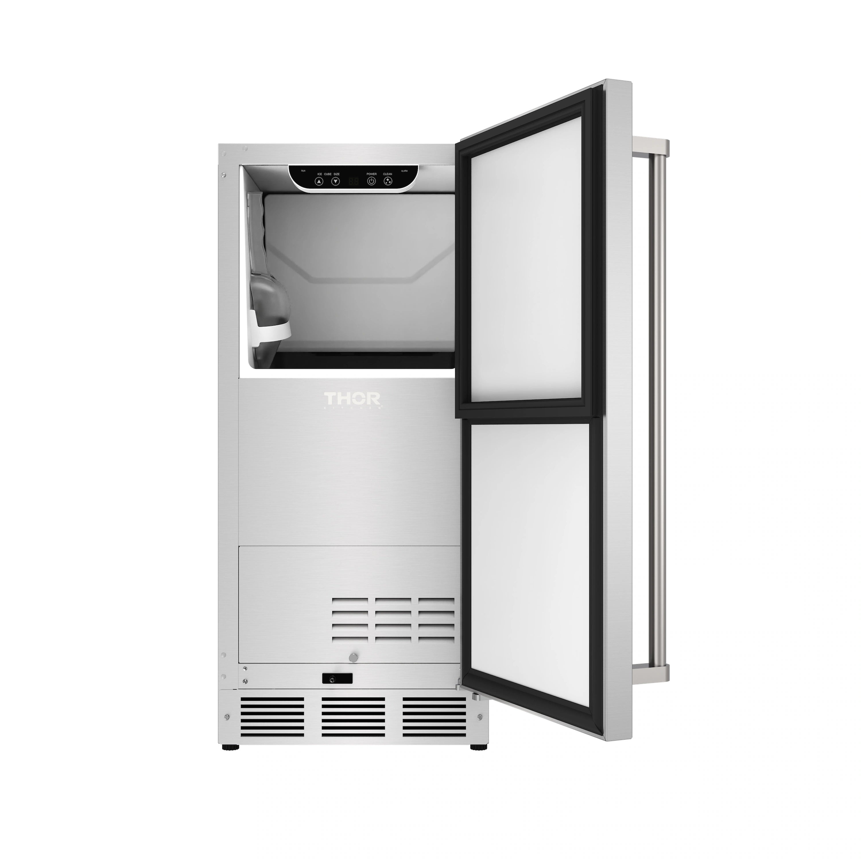 Stainless steel ice maker with front door open and control panel on top