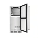 Stainless steel ice maker with front door open and control panel on top
