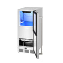 Open Thor ice maker showing blue-lit ice bin and interior cooling grille