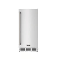 Stainless steel ice maker cabinet with side handle bars and vented base