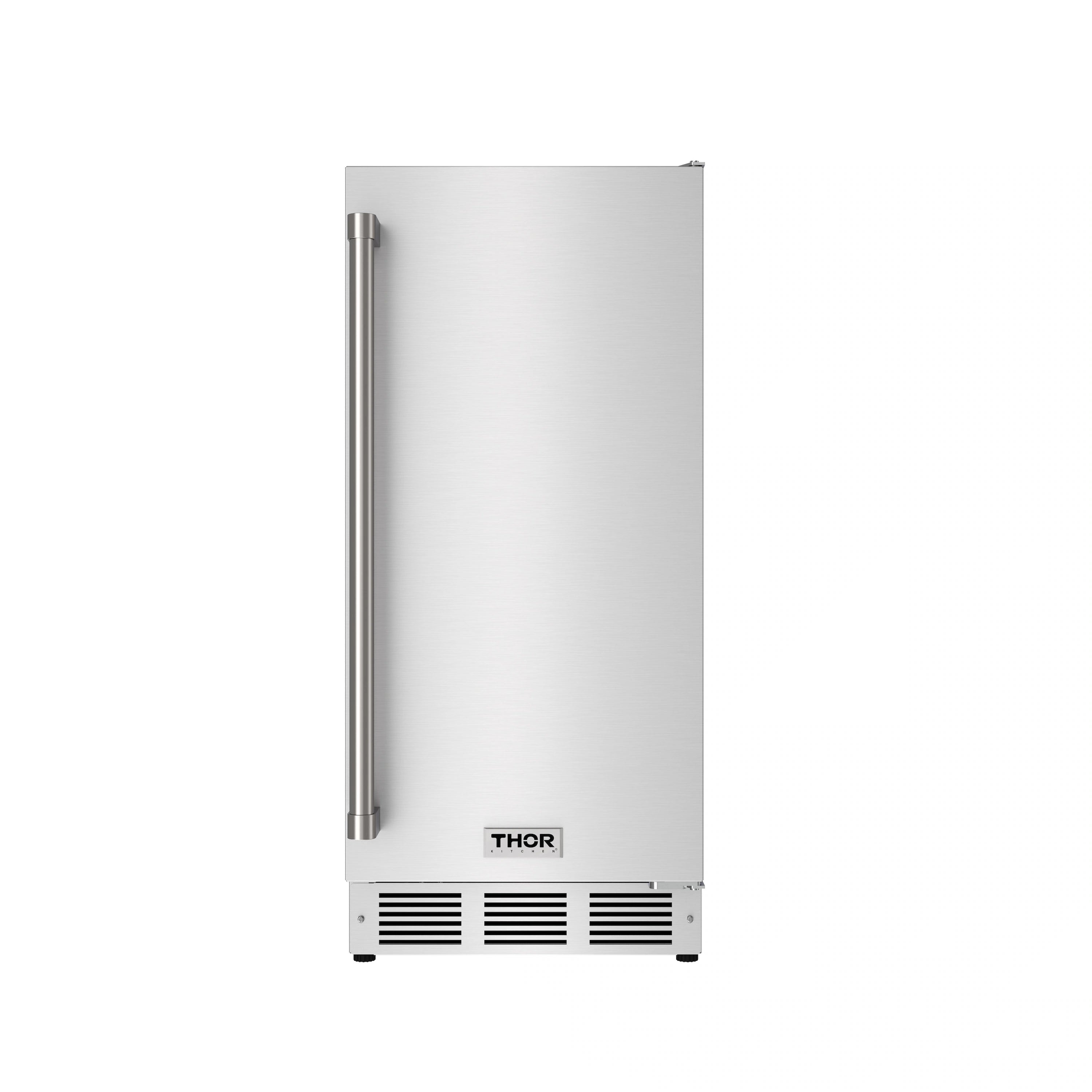 Stainless steel ice maker cabinet with side handle bars and vented base